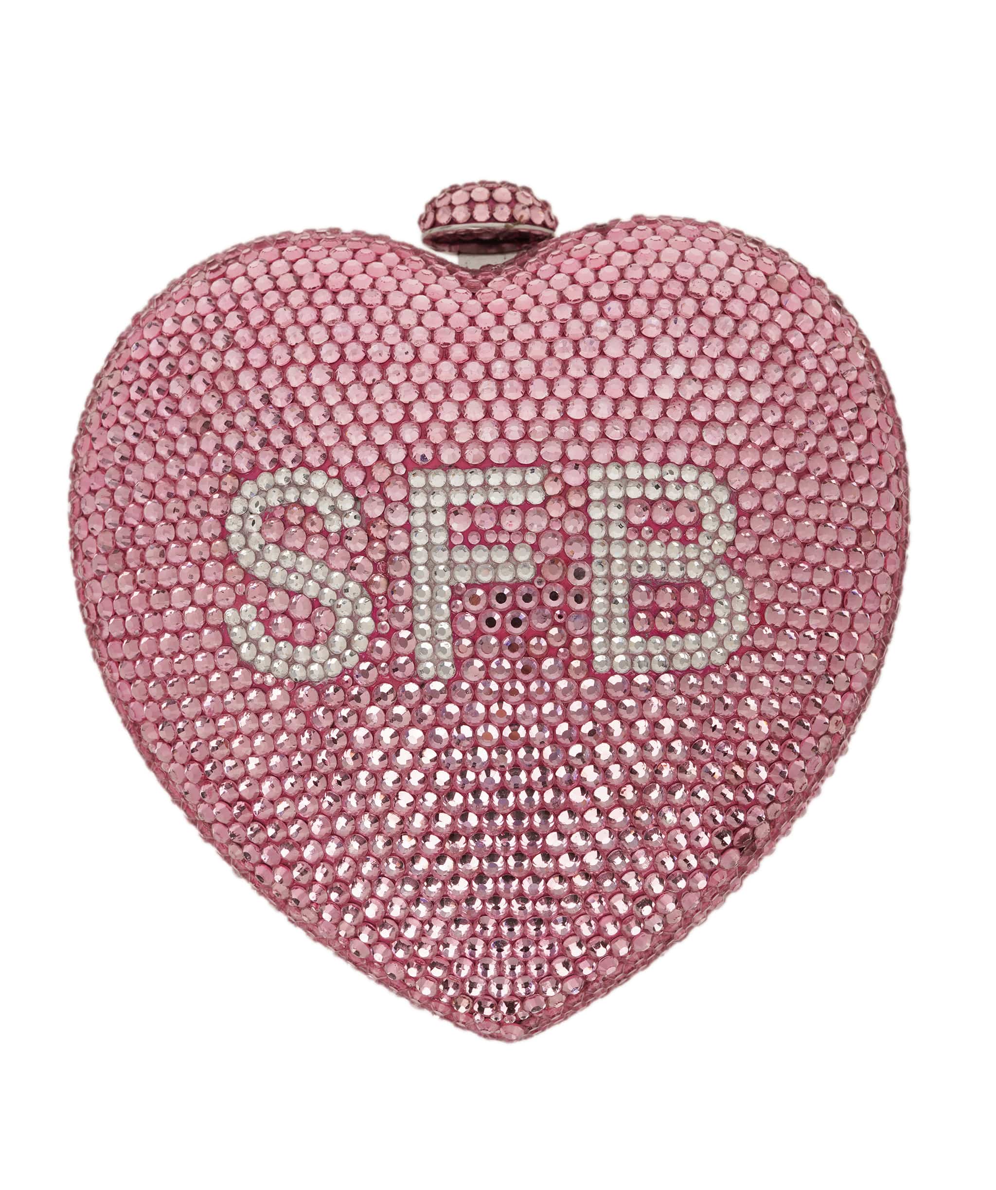 Ruya Customisable RÜYA Heart Shape bag with a light pink crystal finish and silver personalised lettering AKC0729