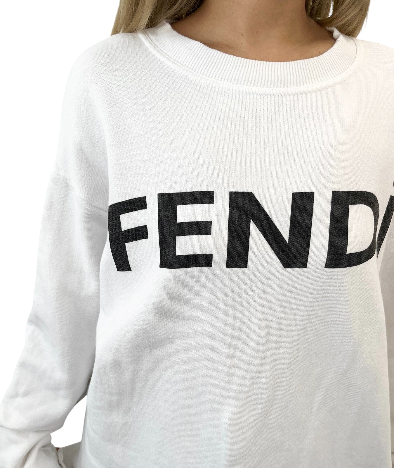 FENDI Vintage Big Logo Sweatshirt Top #40 White Cotton Pullover Long Sleeve