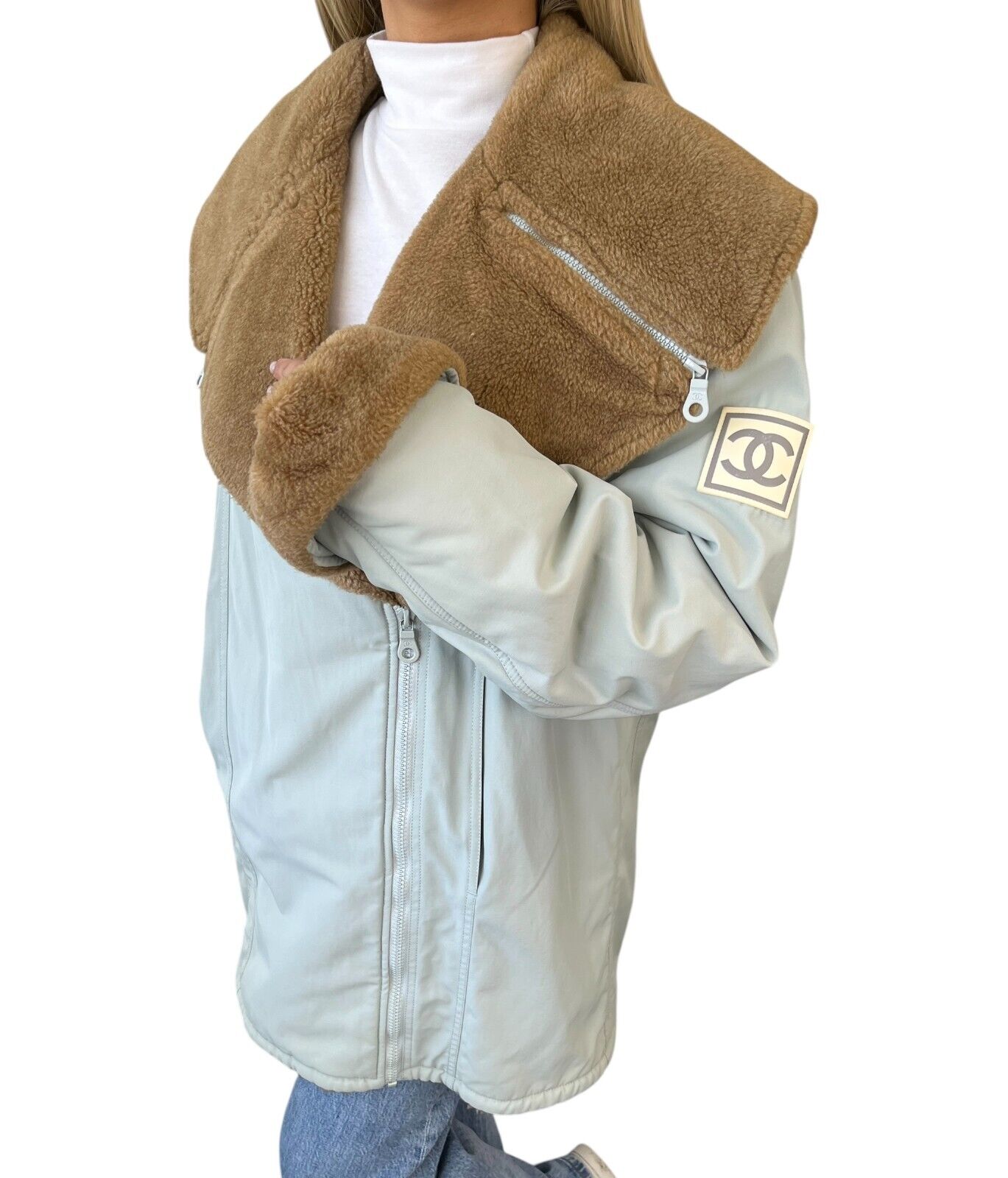 CHANEL Sport Vintage 01A CC Logo Ski Wear Jacket #36 Blue Brown Cotton Fur Zip