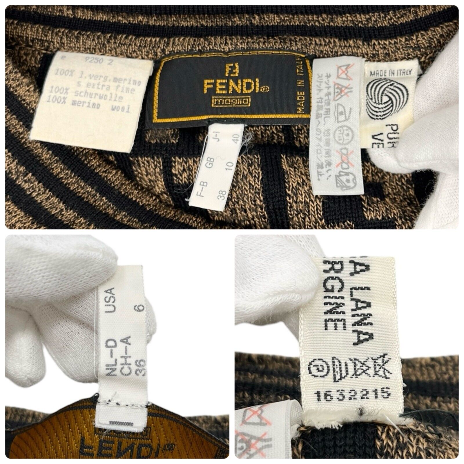 FENDI Vintage Zucca Monogram Logo Knit Sweater Top #38 Brown Black Wool Rank AB+