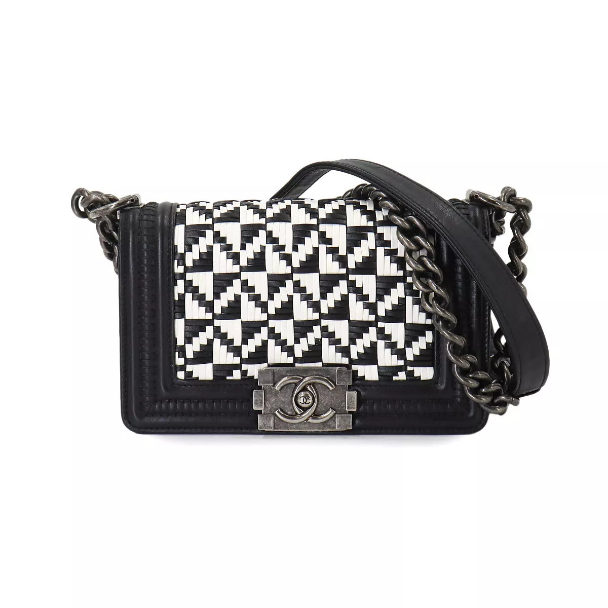 CHANEL Boy Chanel Small Chain Shoulder Ba Leather Black White A67085 90255224