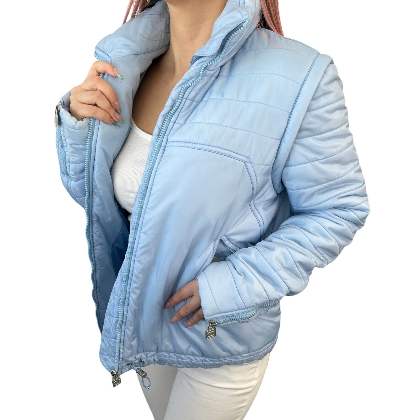 CHANEL Sport Vintage 05A Coco Mark Logo Puffer Jacket #40 Light Blue