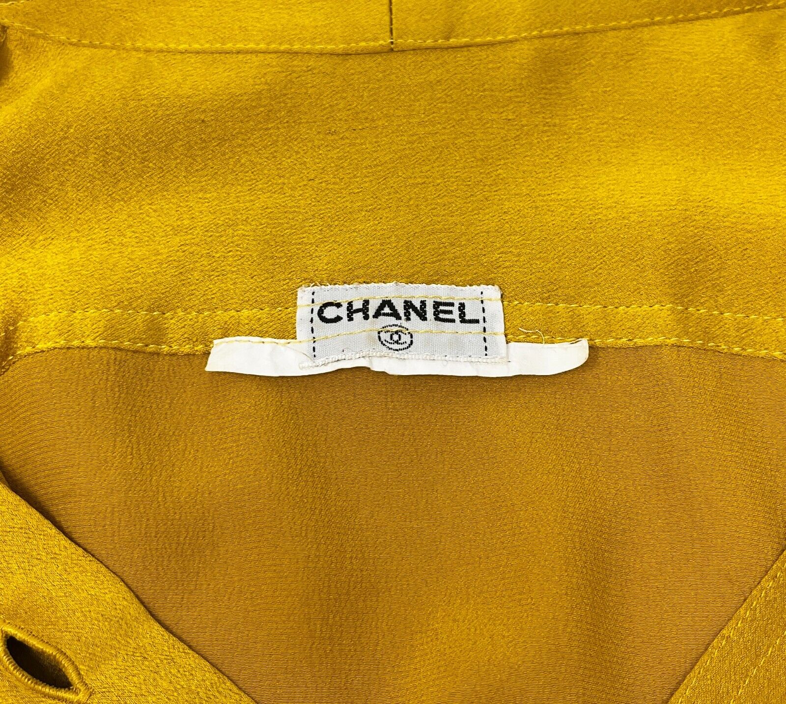 CHANEL Vintage CC Logo Shirt Top Button Up Pocket Yellow Gold Silk