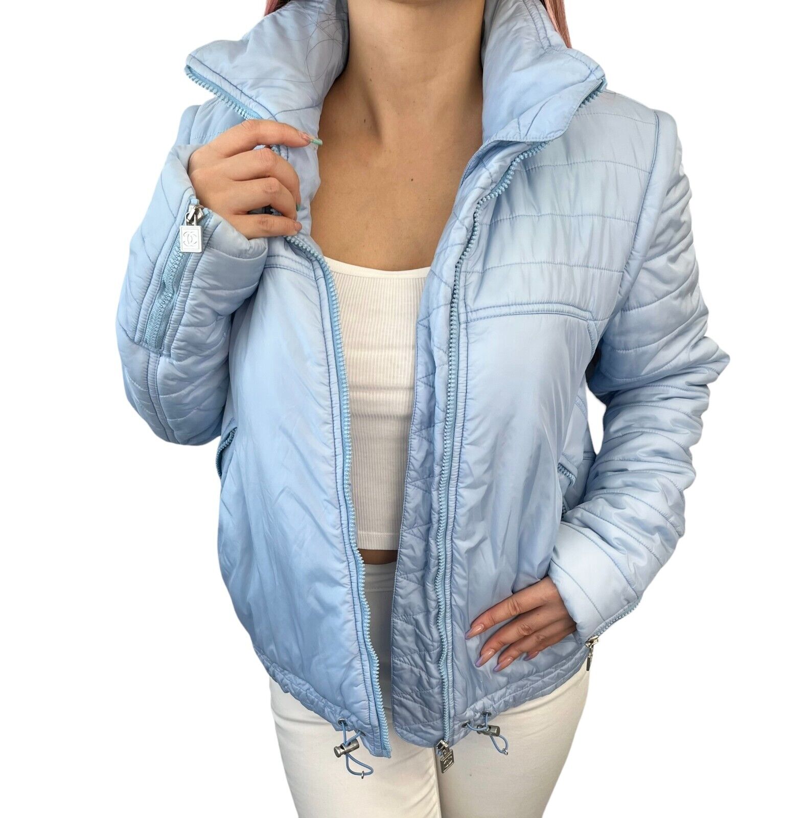 CHANEL Sport Vintage 05A Coco Mark Logo Puffer Jacket #40 Light Blue