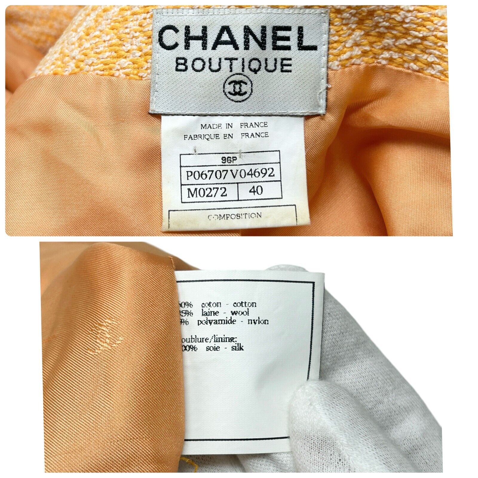 CHANEL Vintage 96P CC Mark Logo Tweed Long Jacket #40 Orange Cotton Wool Button