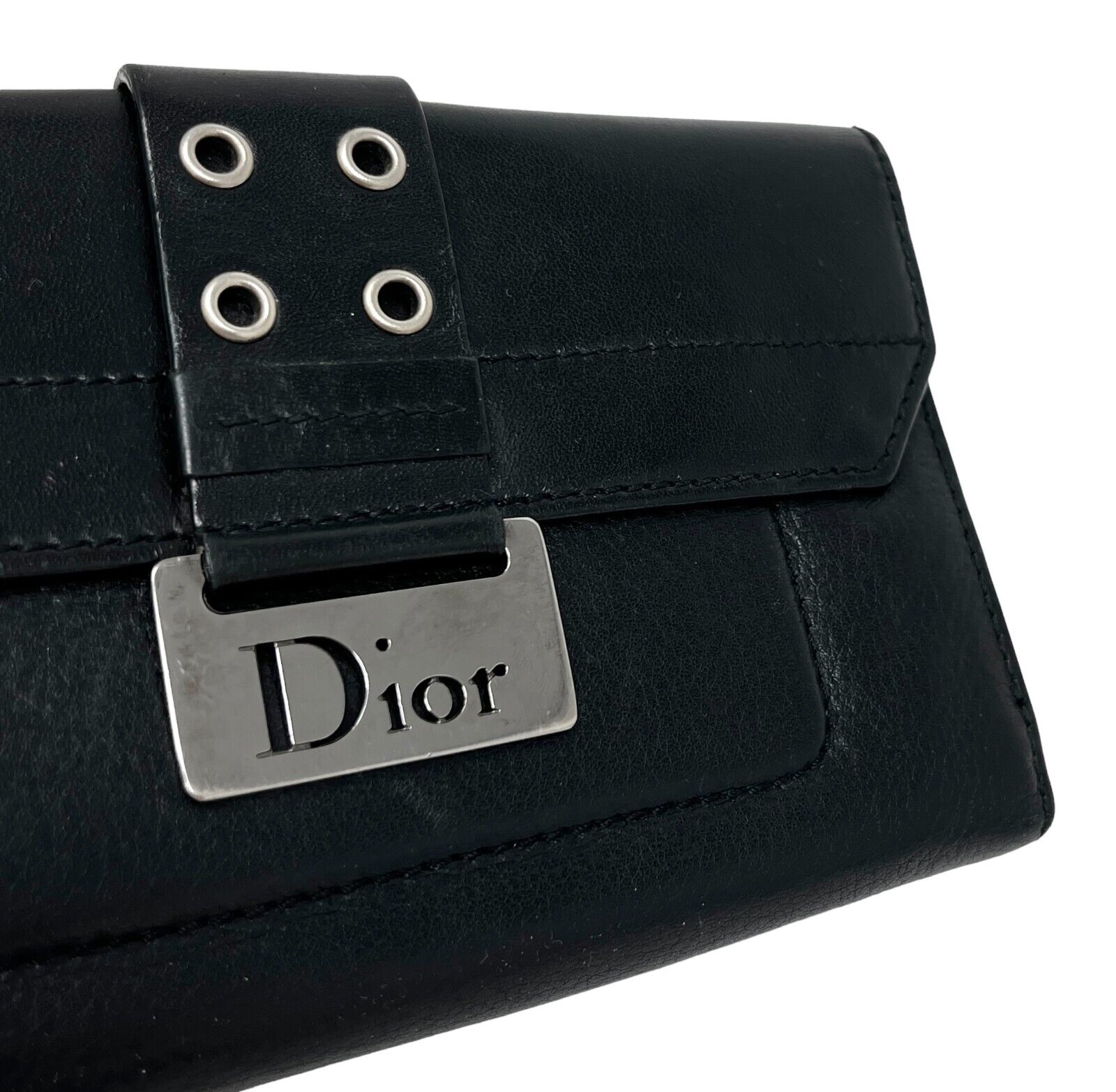 Christian Dior Vintage Logo Street Chic Wallet Purse Black Leather