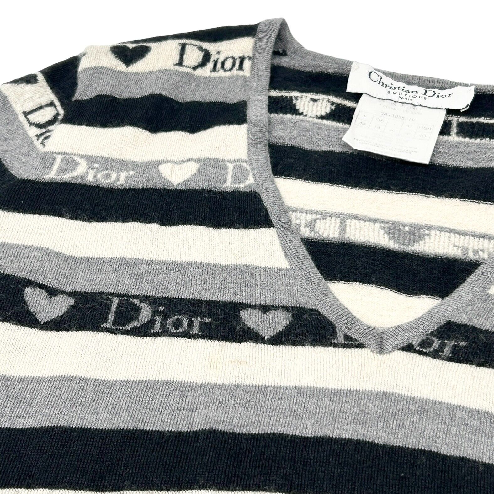 Christian Dior Vintage Logo Knit Top #42 Gray Black Heart Wool Stripe