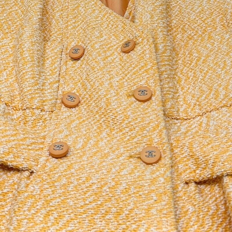 CHANEL Vintage 96P CC Mark Logo Tweed Long Jacket #40 Orange Cotton Wool Button