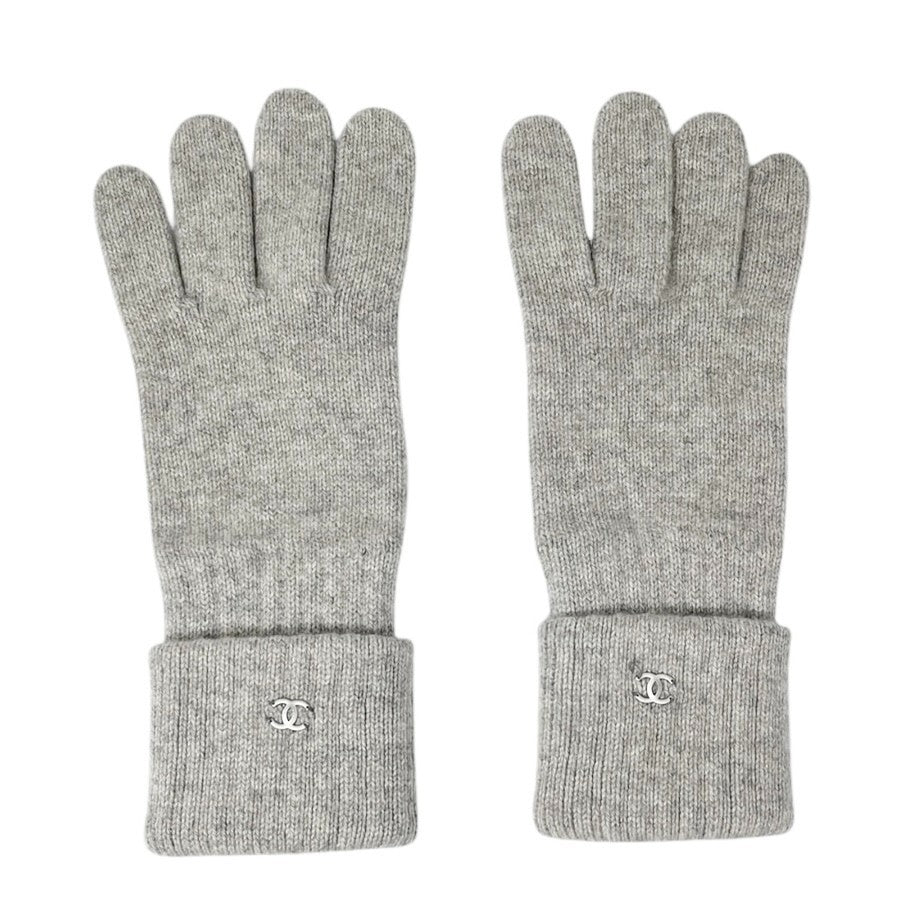 CHANEL Vintage CC Mark Logo Cashmere Knit Gloves Accessory Gray Silver