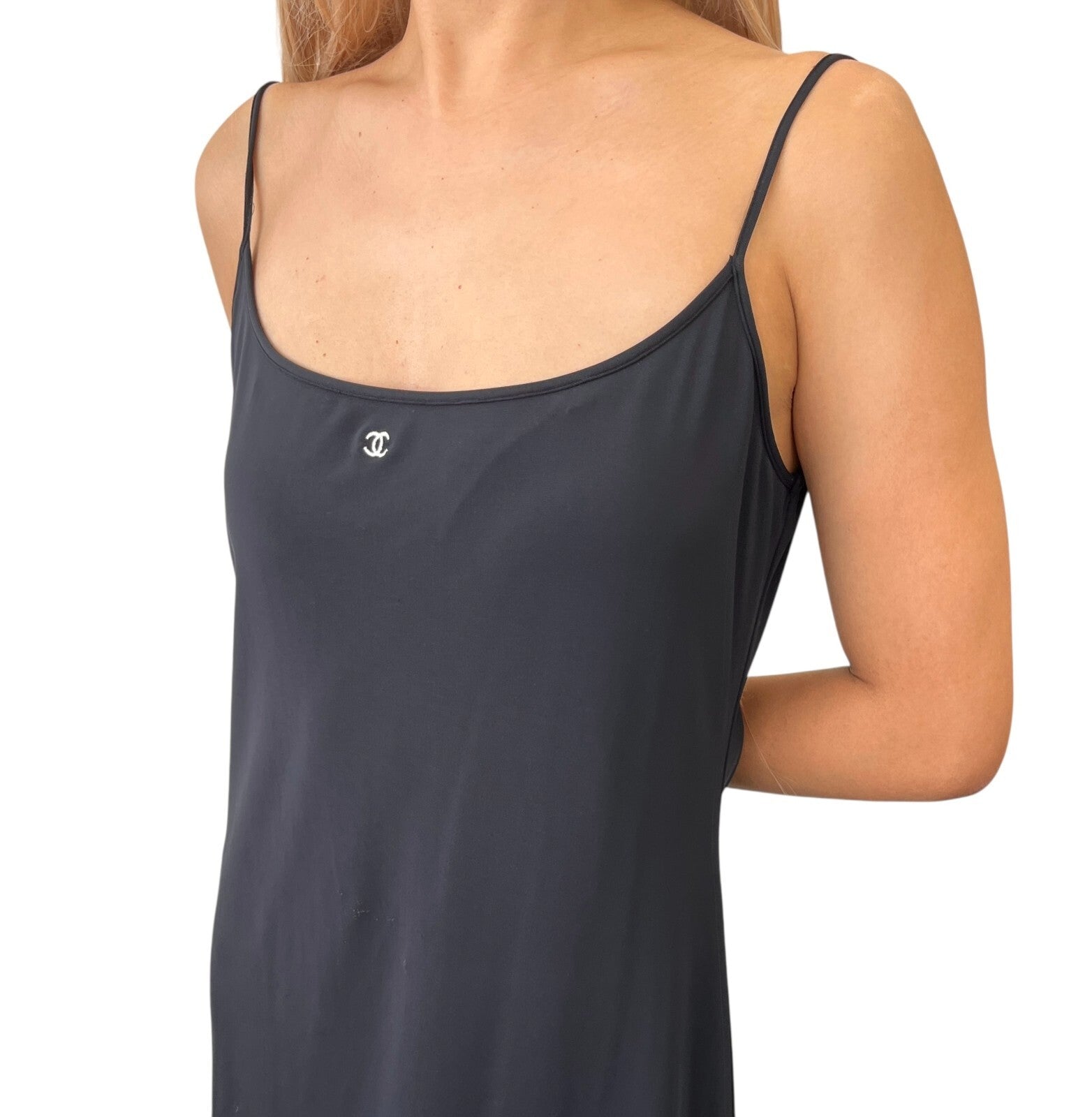CHANEL Vintage 97C CC Mark Logo Camisole Dress #44 One-piece Black Nylon