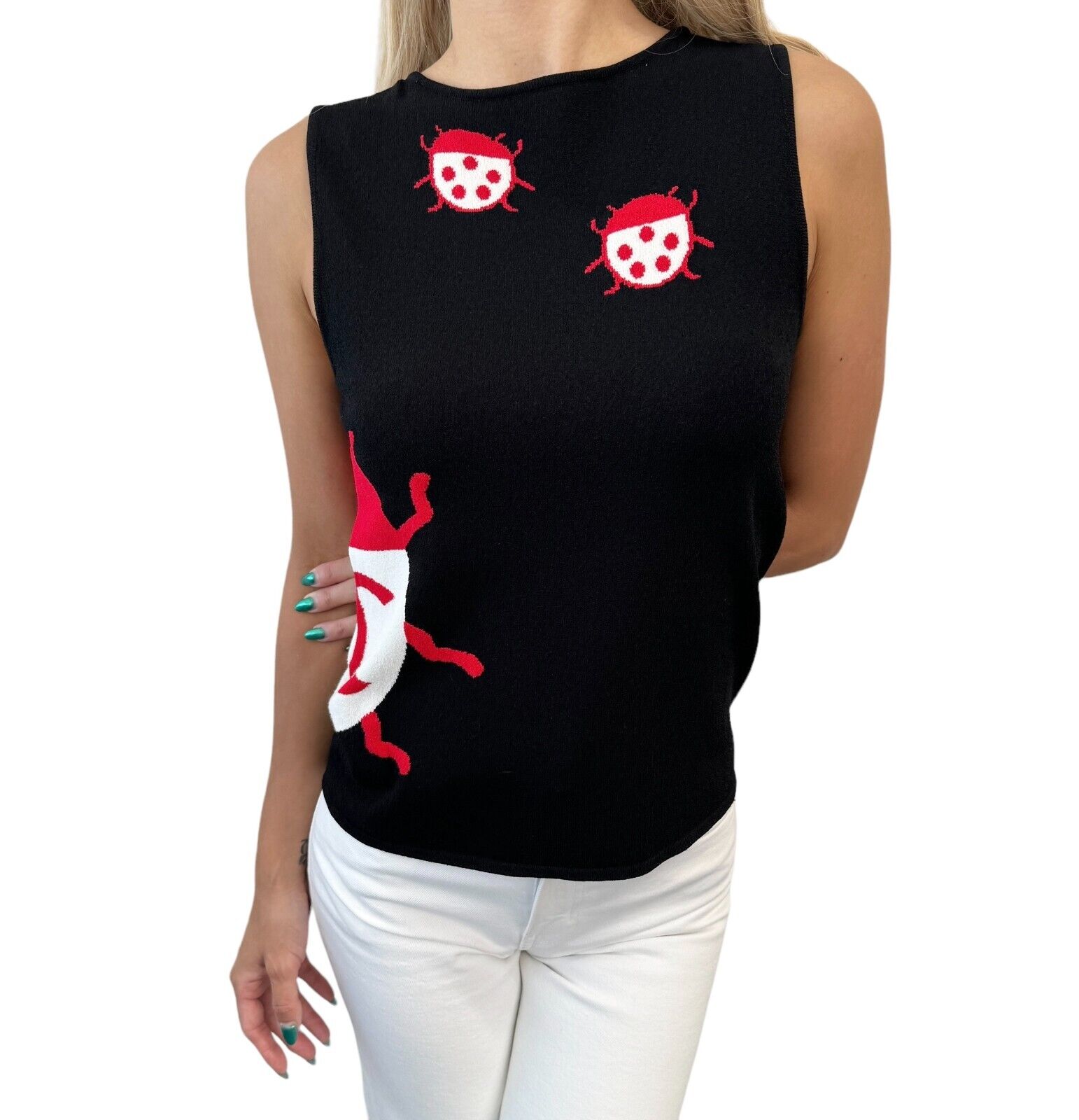 CHANEL Vintage 04P CC Mark Logo Ladybugs Knit Tank Top Black Red Cotton