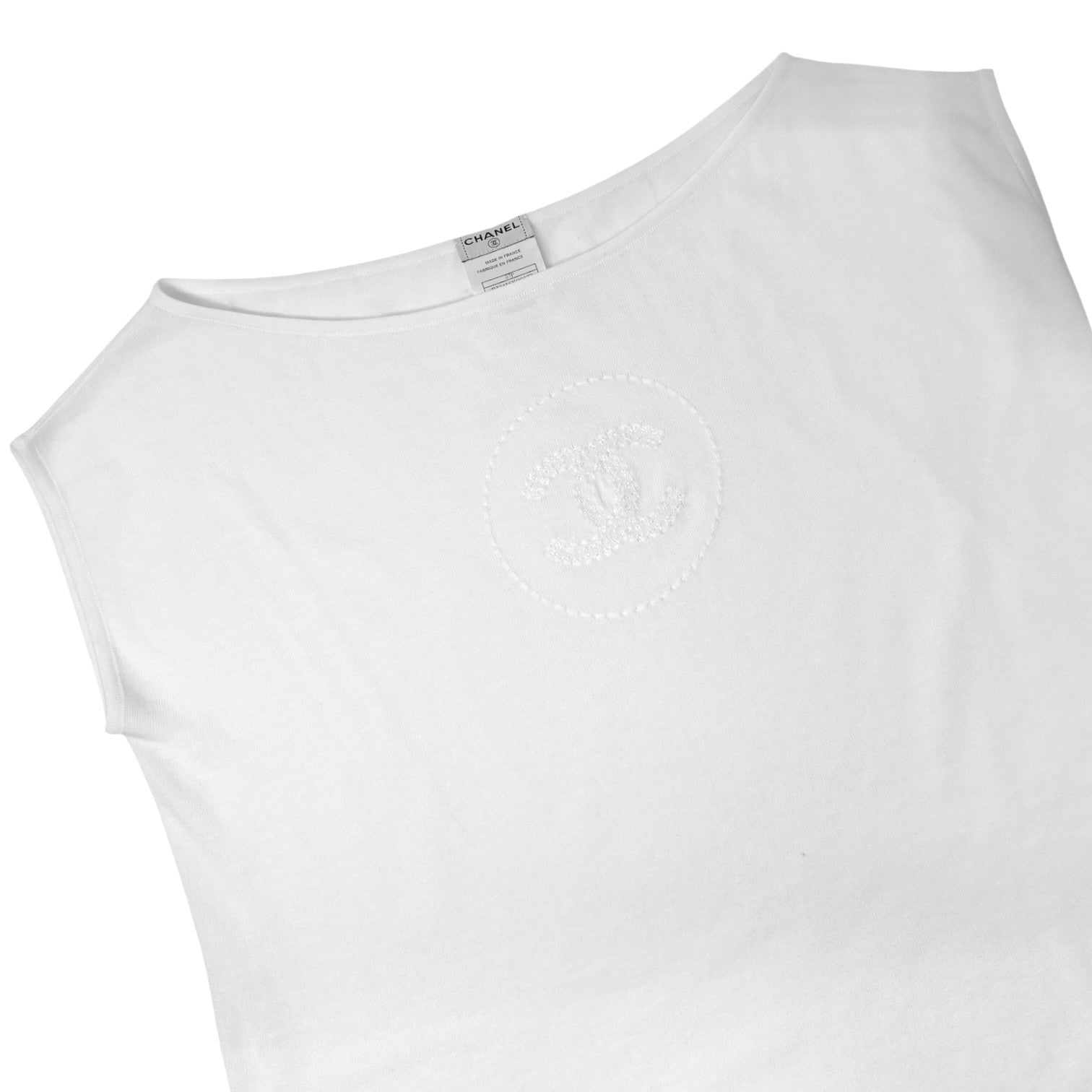 CHANEL Vintage 07P CC Logo Summer Knit Top Tank #38 Boat Neck White Sleeveless