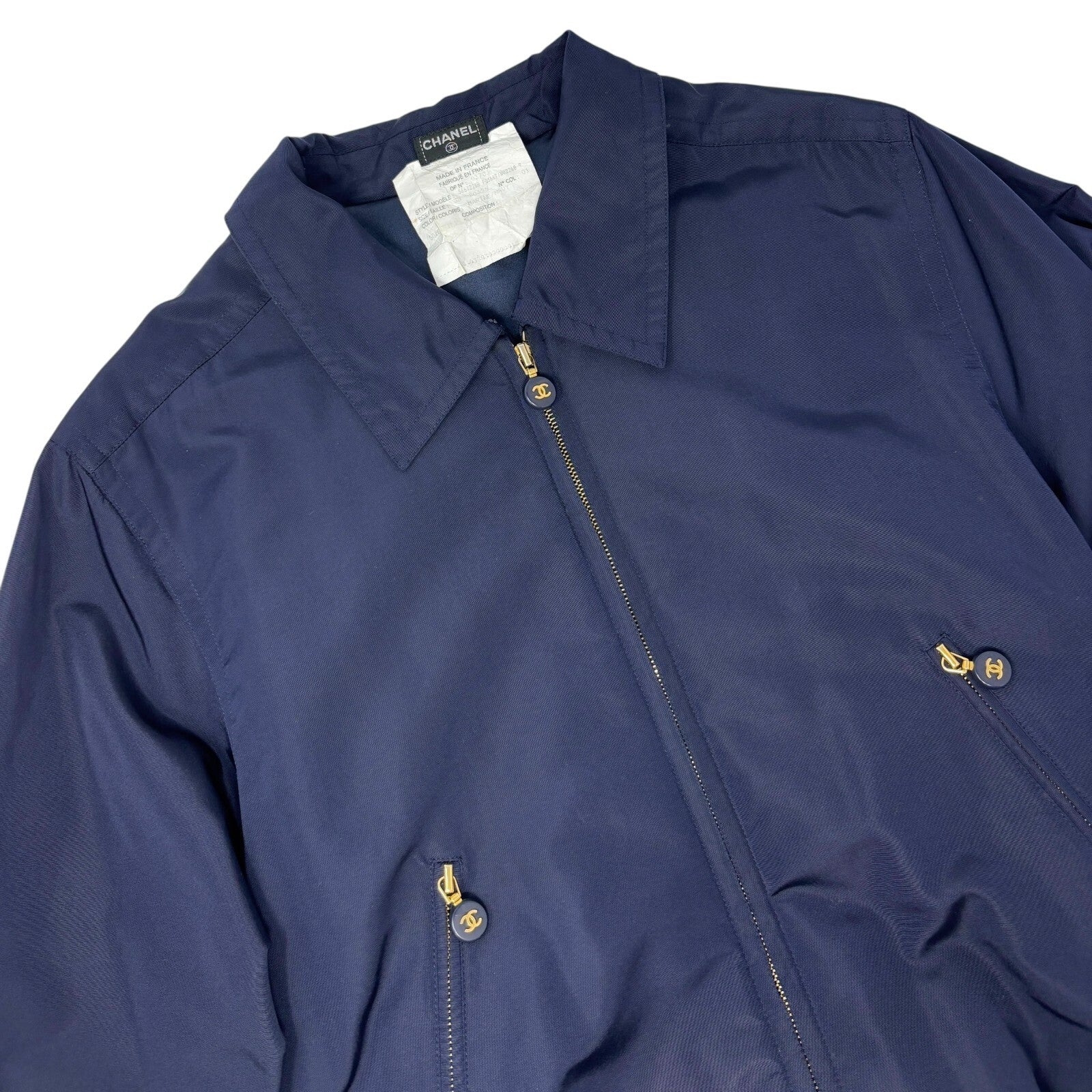 CHANEL Vintage PO5667 CC Logo Long Coat Jacket #38 Zip Pocket Belt Dark Blue