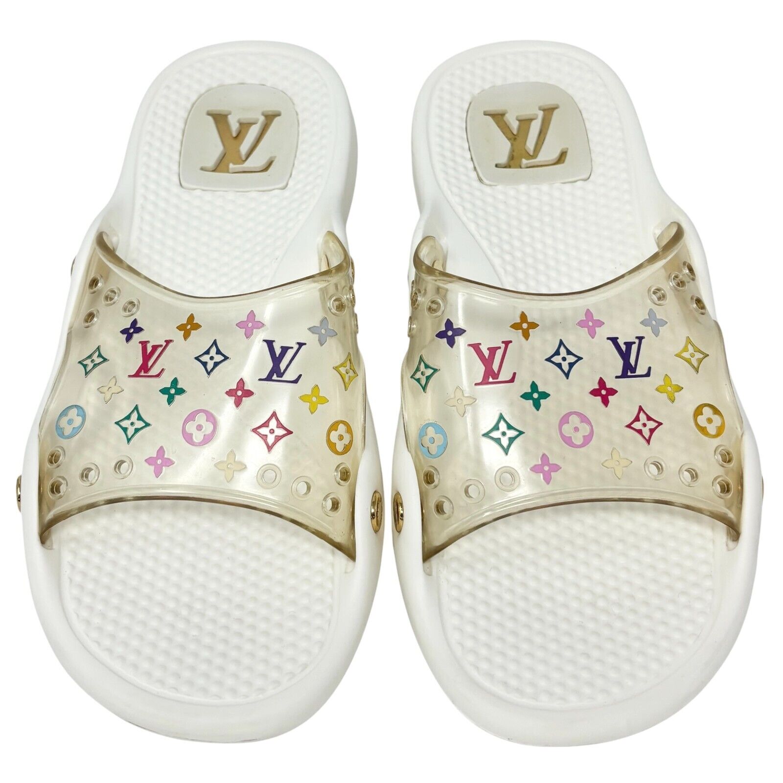 LOUIS VUITTON Vintage Monogram LV Logo Multicolor Slide Sandals #39 Flat Rubber