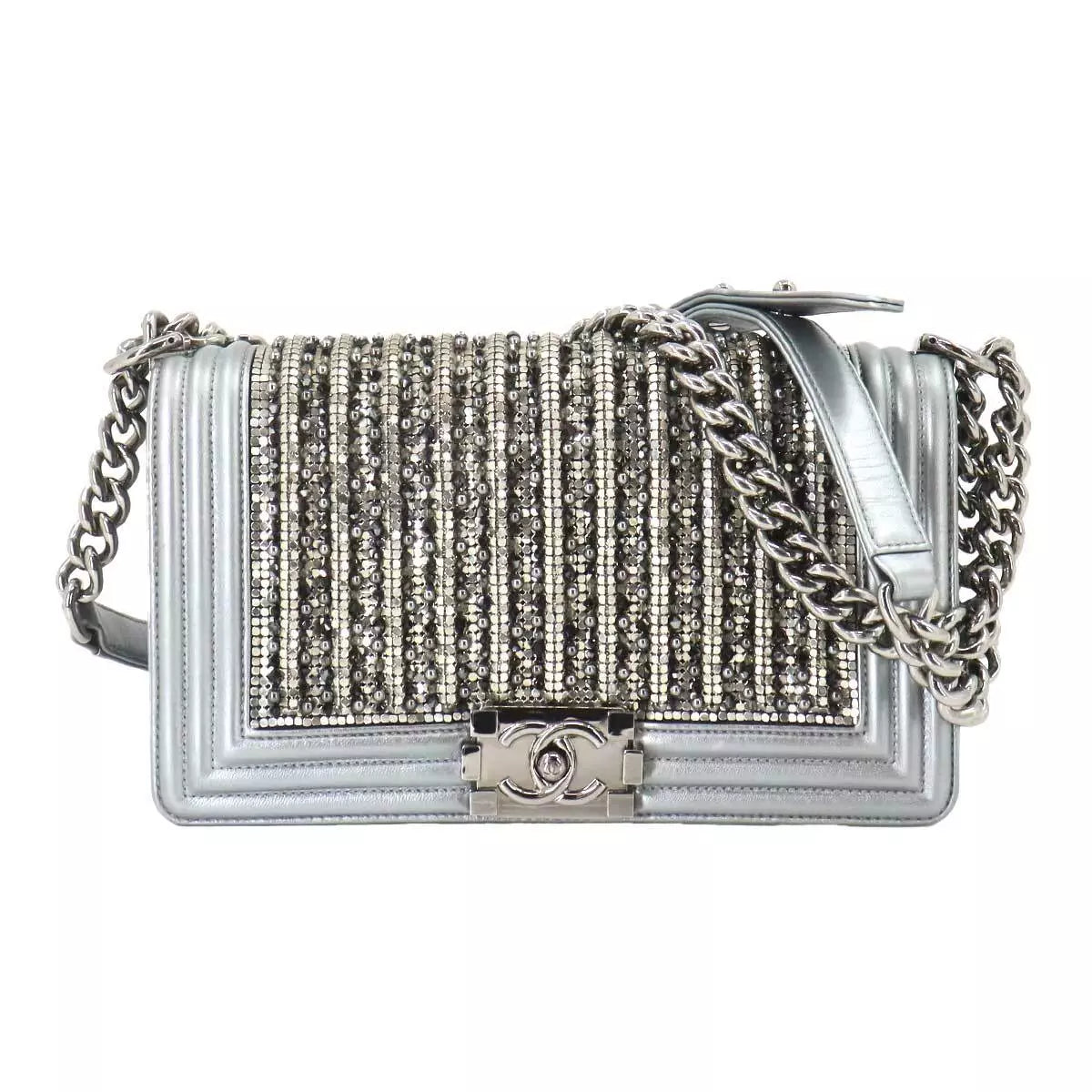 CHANEL BOY CHANEL Chain Shoulder Bag Metal Leather Silver Purse 90249940