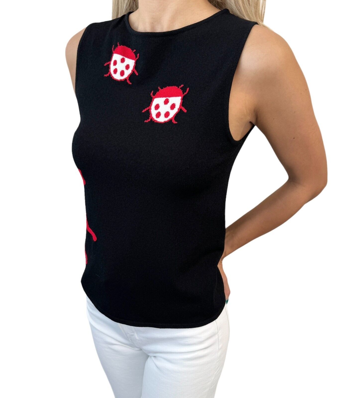 CHANEL Vintage 04P CC Mark Logo Ladybugs Knit Tank Top Black Red Cotton