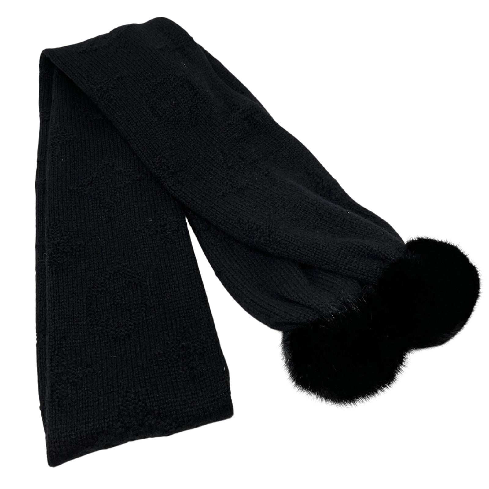 LOUIS VUITTON Vintage LV Monogram Logo Knit Scarf Shawl Wrap Fur Black Cashmere