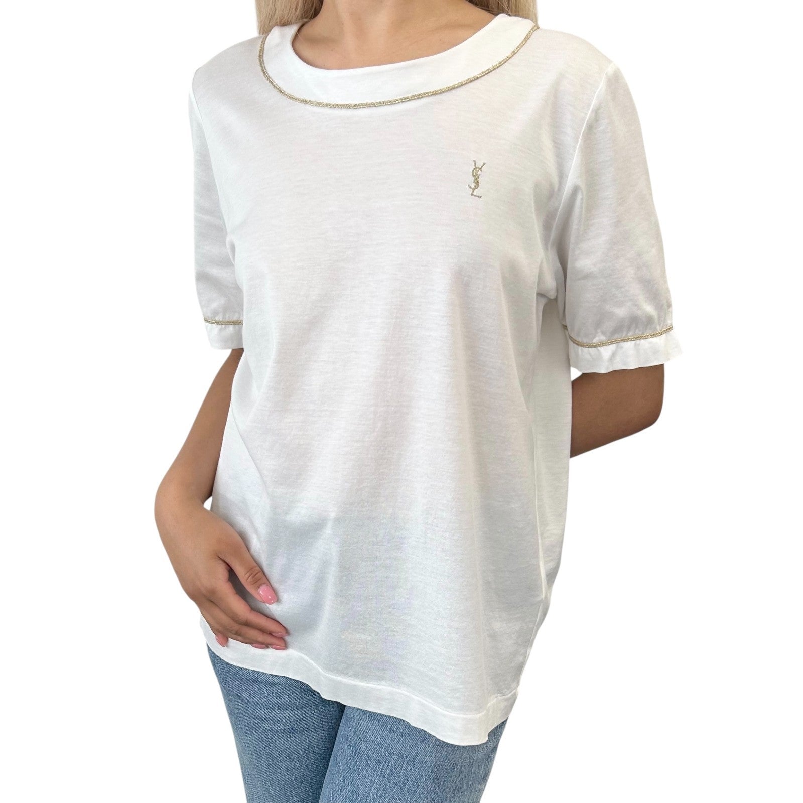 Yves Saint Laurent Vintage YSL Logo T-shirt Top #M White Gold Cotton Glitter