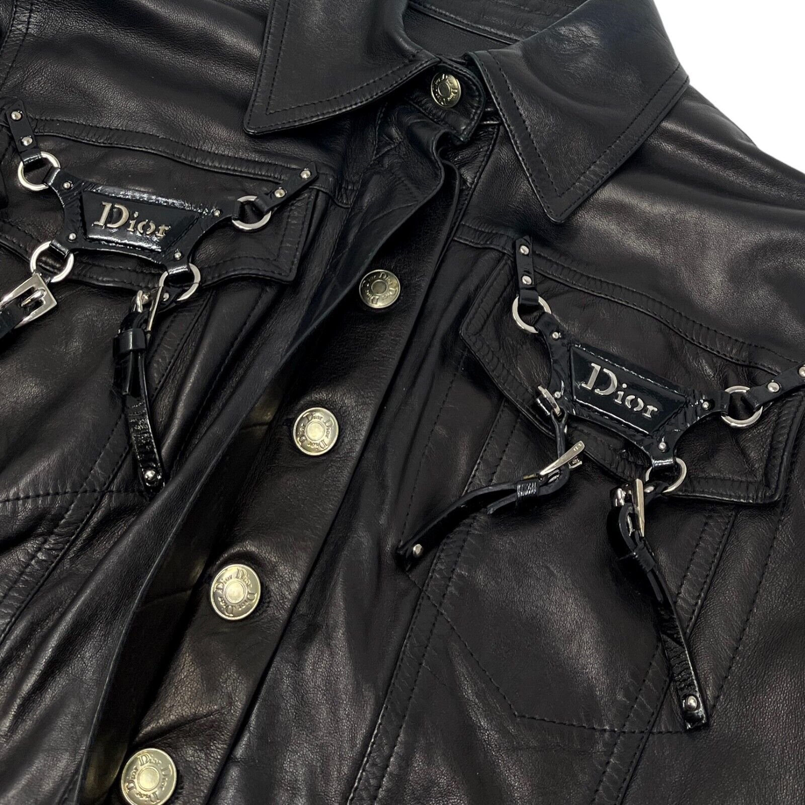 Christian Dior Vintage Bondage Logo Leather Jacket #36 Black Silver