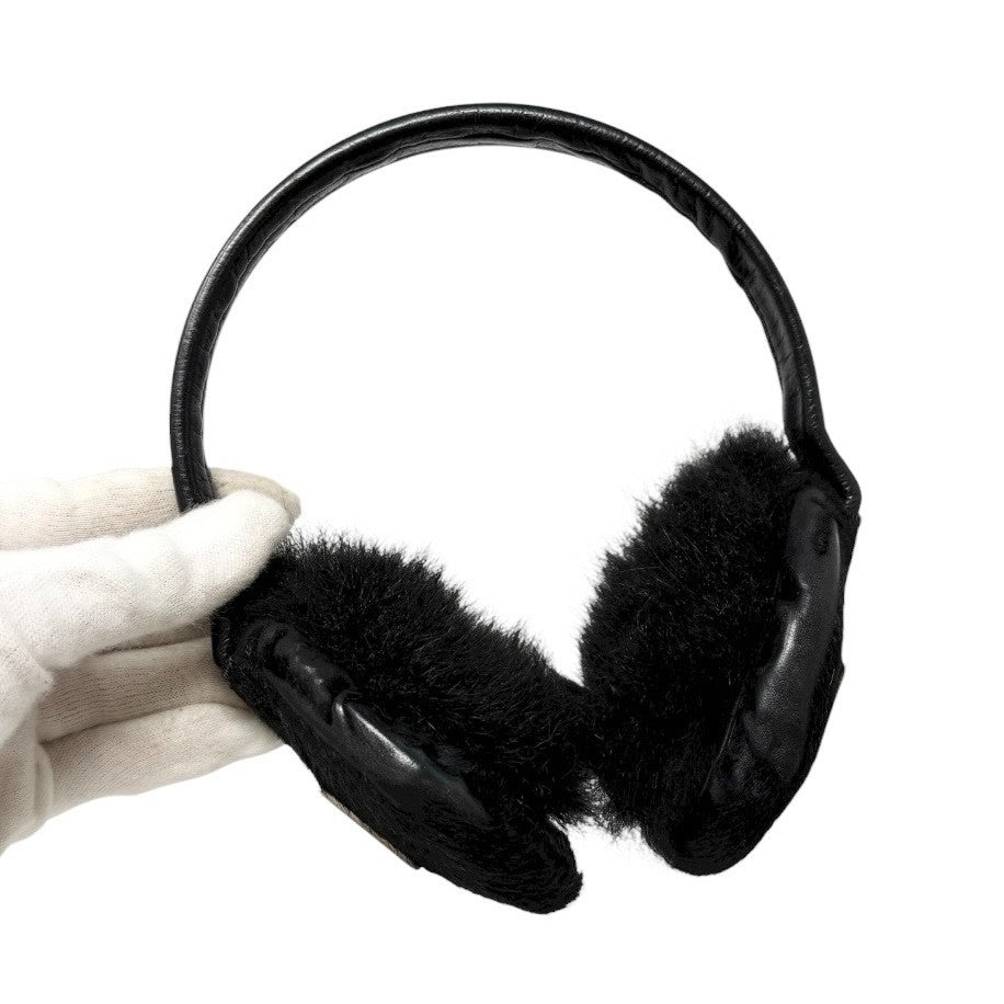CHANEL Sport Vintage CC Mark Logo Earmuffs Black Silver Pony Calf Hair Leather