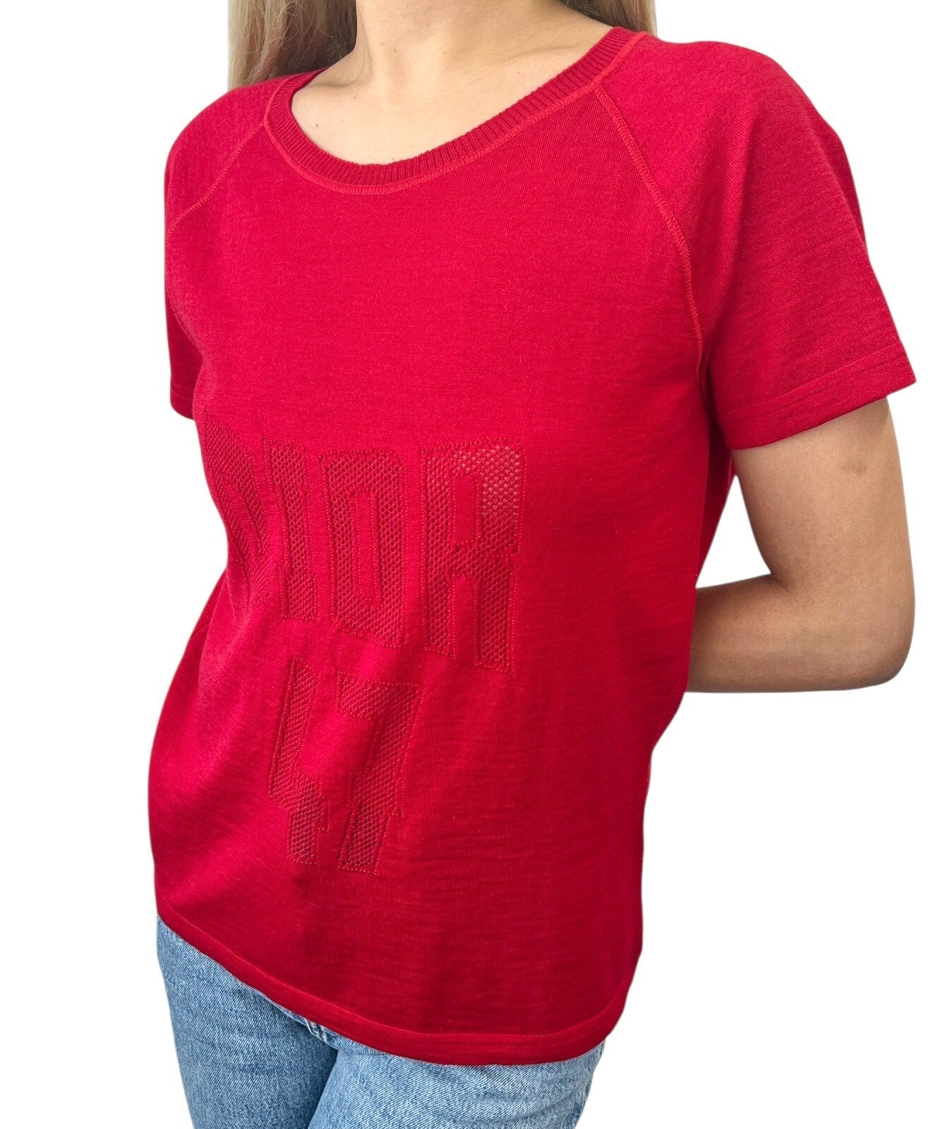 Christian Dior Vintage 2005 Logo Knit Top #42 T-shirt Red Short Sleeve Mesh