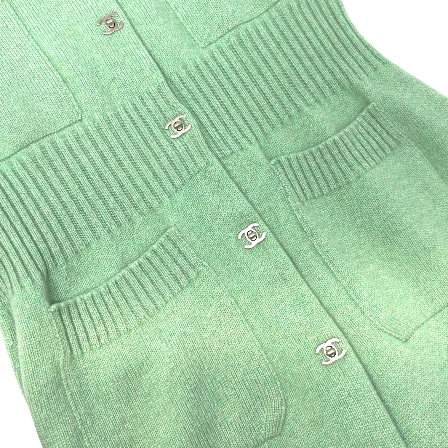 CHANEL Vintage P52425 CC Turnlock Logo Knit Cardigan Dress #38 Cashmere Green