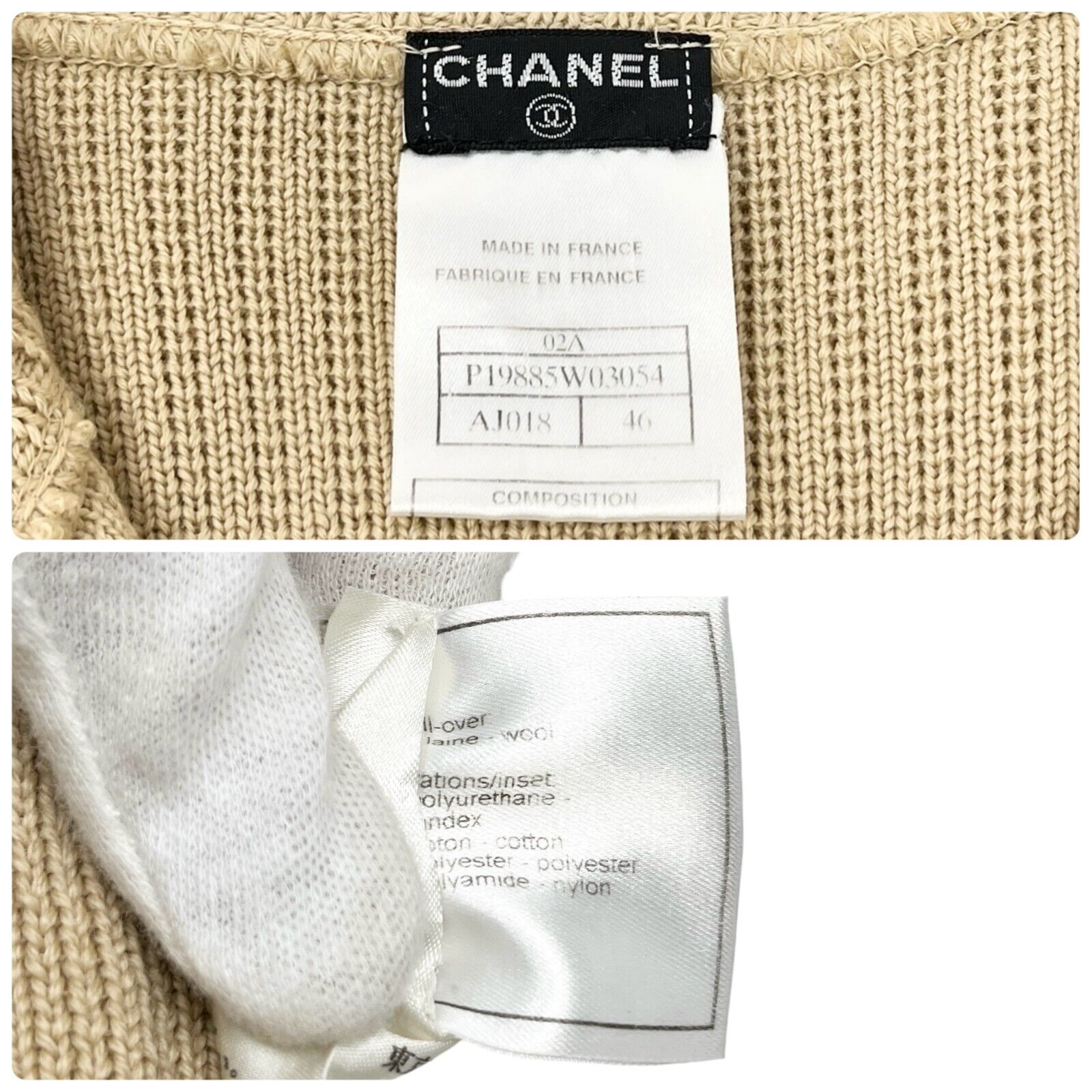 CHANEL Sport Vintage 02A CC Mark Logo Zipped Knit Jacket #46 Beige Wool