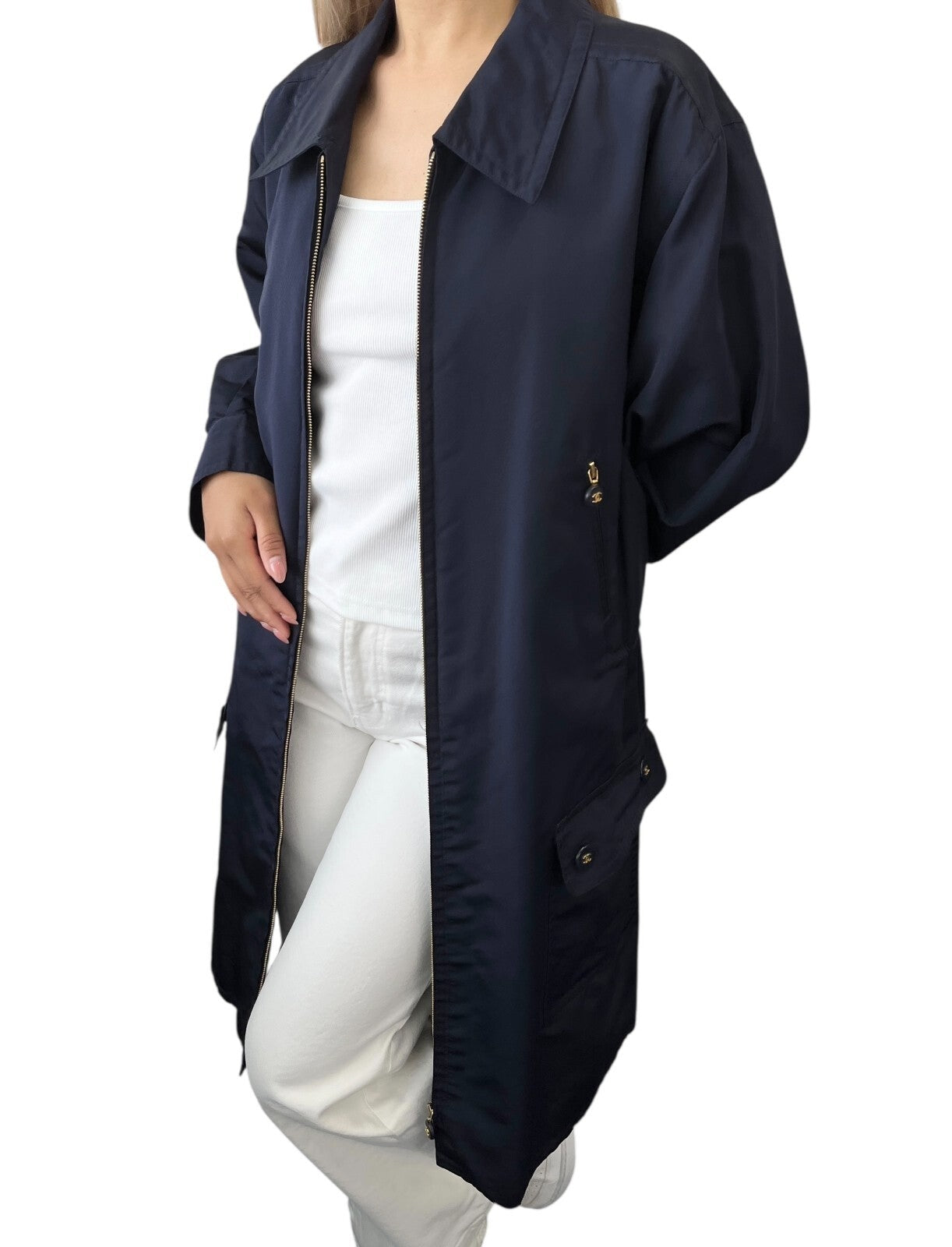 CHANEL Vintage PO5667 CC Logo Long Coat Jacket #38 Zip Pocket Belt Dark Blue