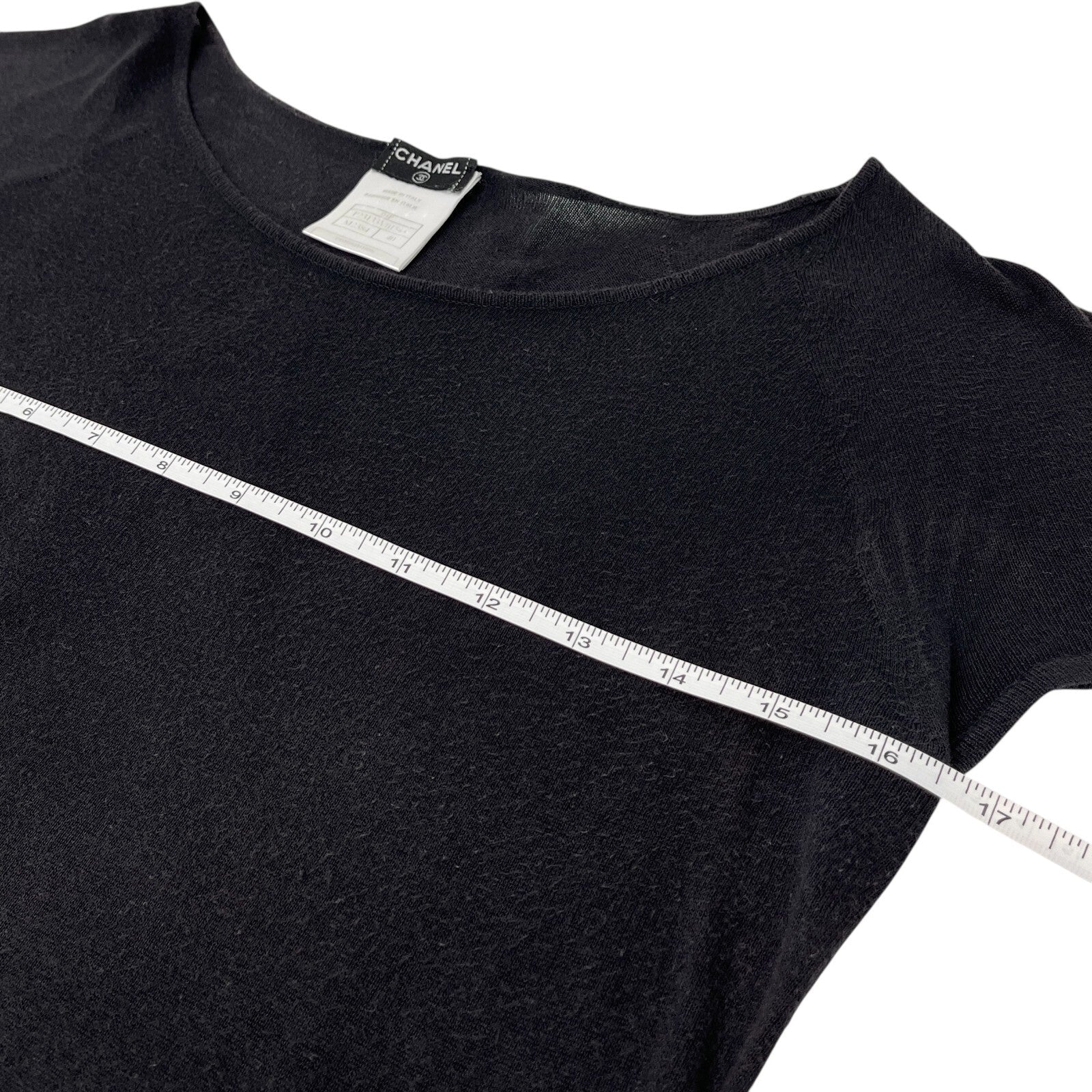 CHANEL Vintage 04P Logo Knit T-shirt Top #40 Round Neck Black White Cotton