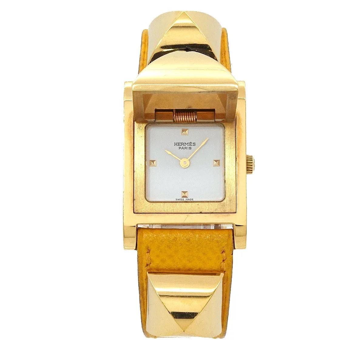 HERMES Medor Vintage pyramid Gold studs Quartz White Dial Ladies 90342464