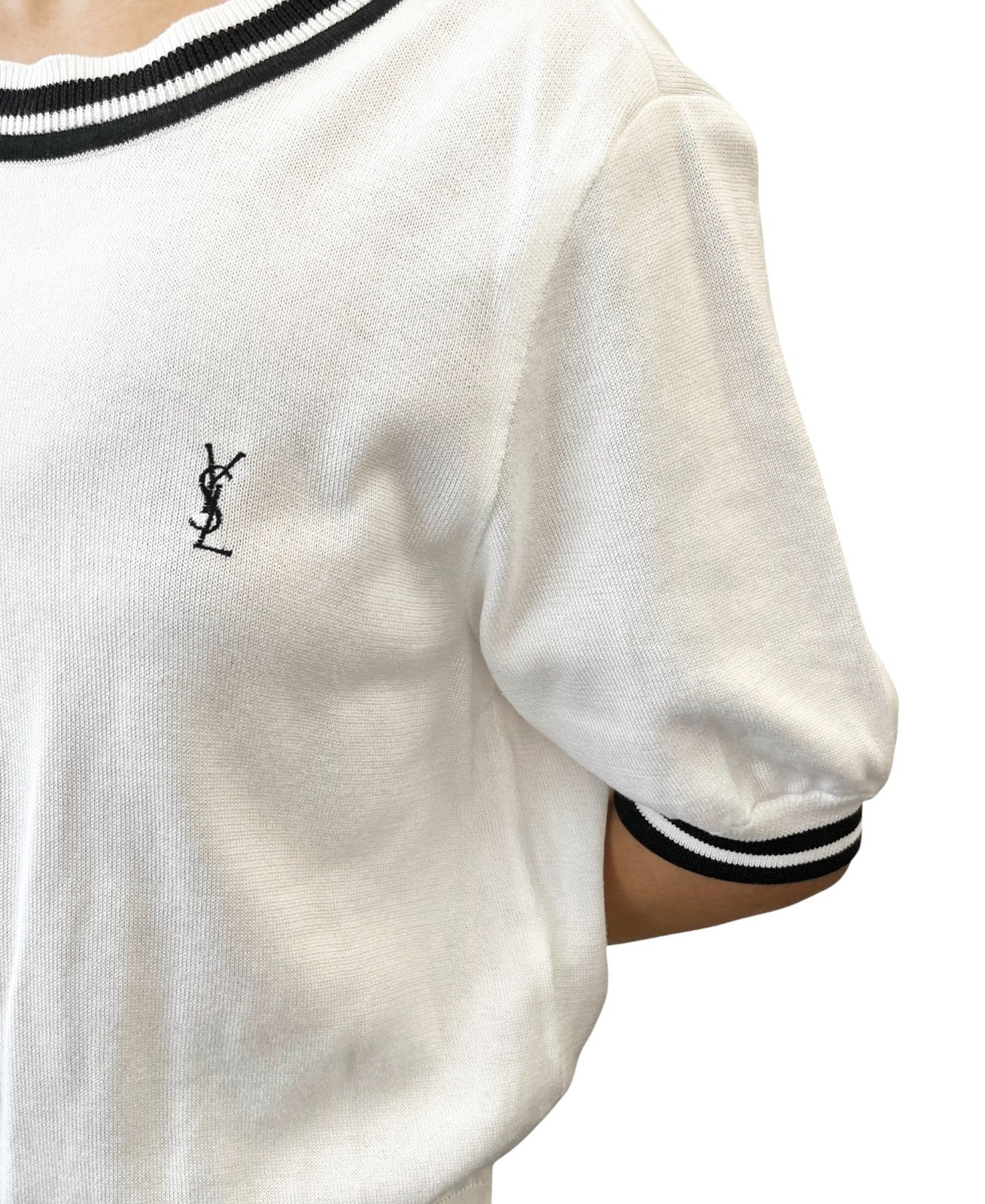 Yves Saint Laurent Vintage YSL Logo Knit T-shirt Top #M White Black Cotton