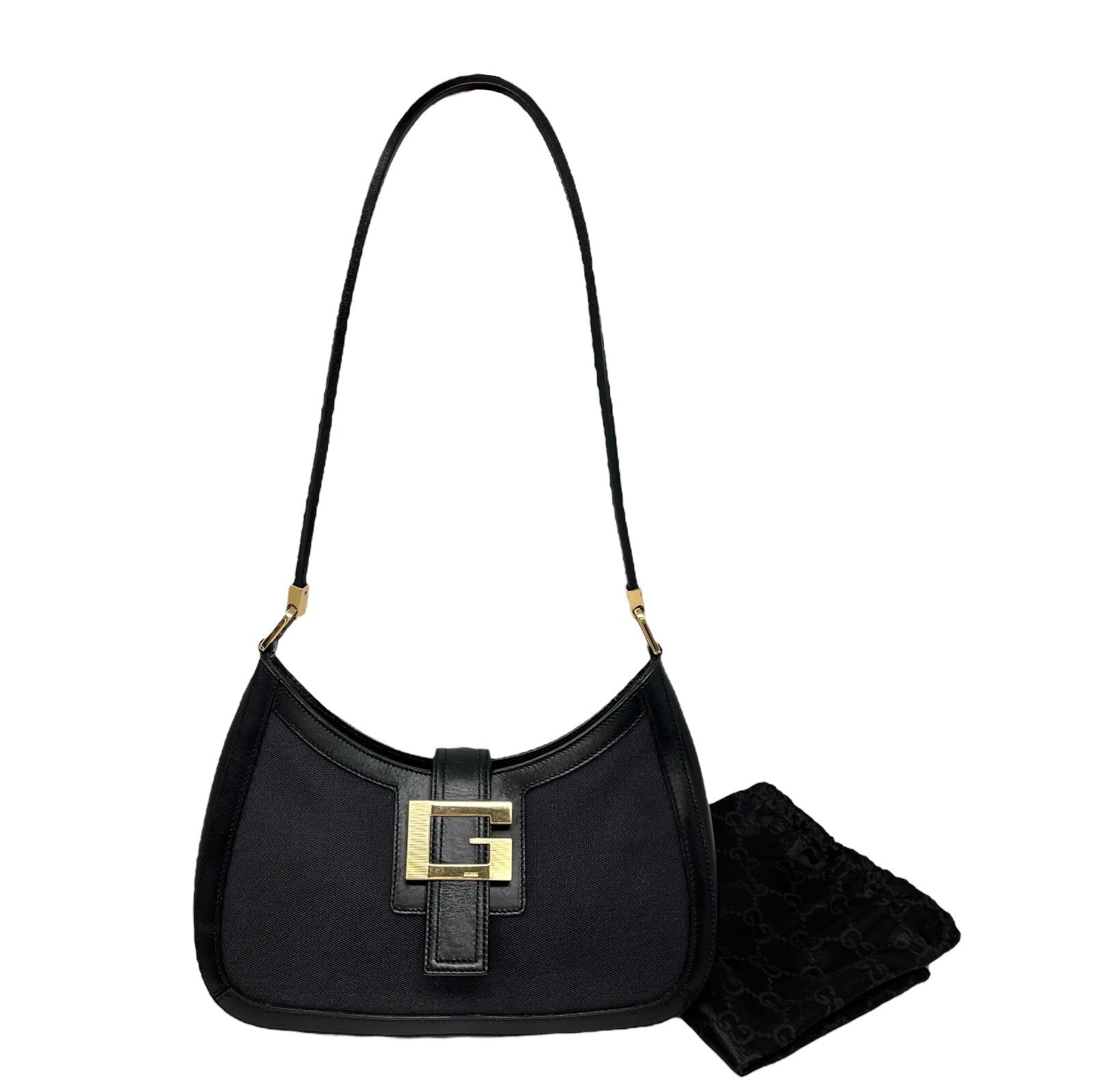 GUCCI Vintage G Square Logo Shoulder Bag Magnet Black Gold Cotton Leather