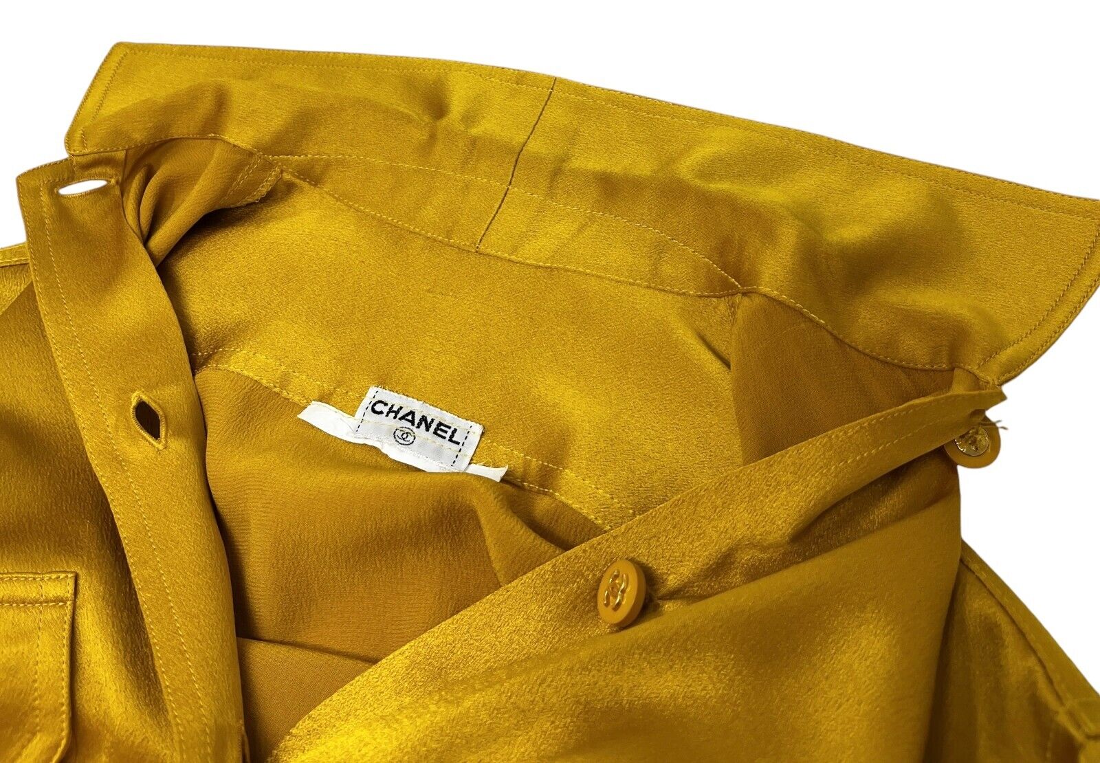 CHANEL Vintage CC Logo Shirt Top Button Up Pocket Yellow Gold Silk