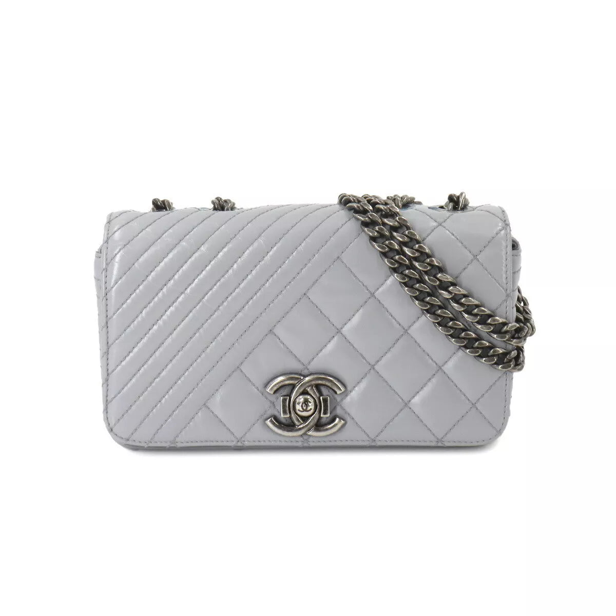 CHANEL Coco Boy Chain Shoulder Bag Leather Gray A93412 90255239