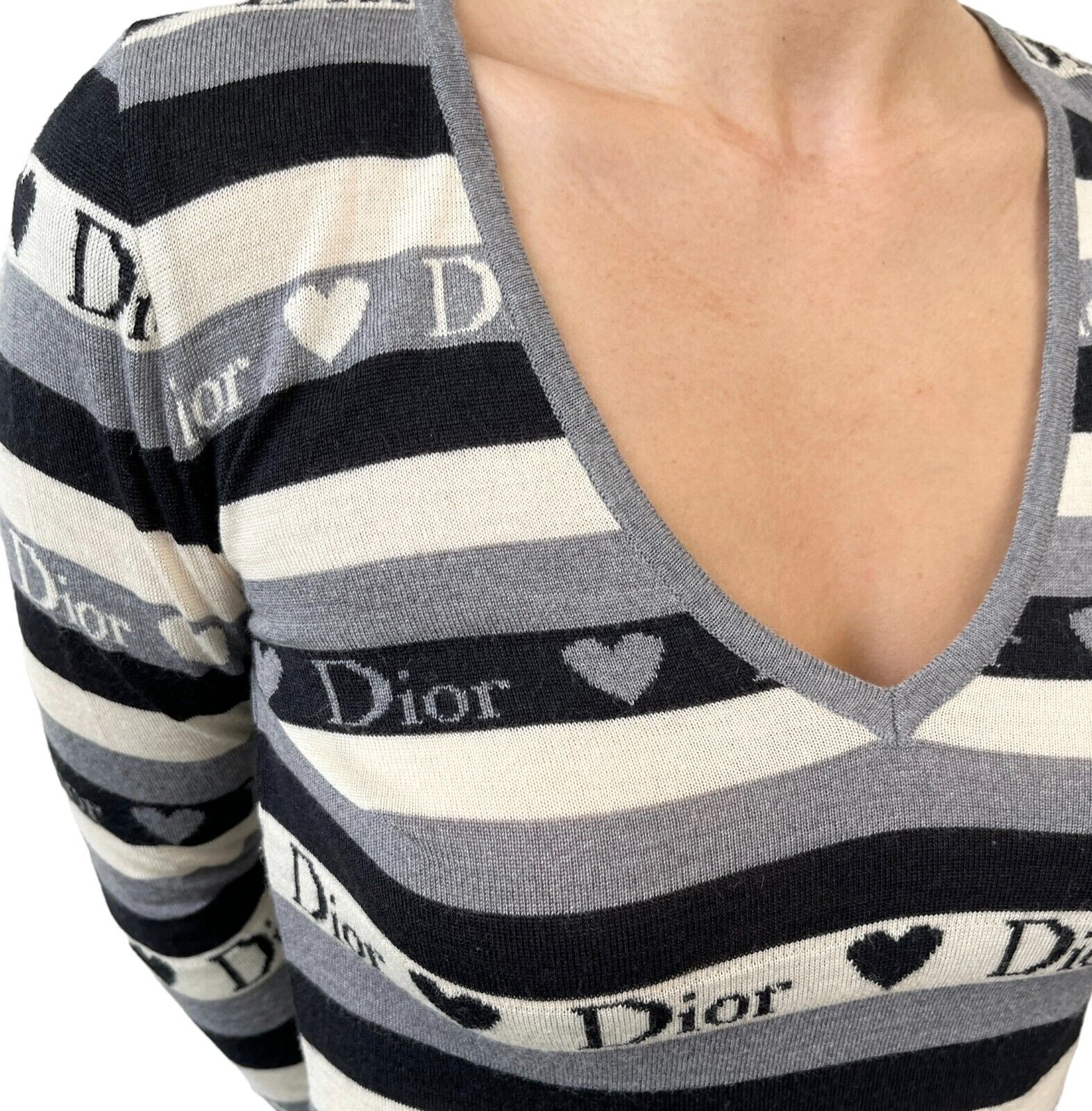 Christian Dior Vintage Logo Knit Top #42 Gray Black Heart Wool Stripe