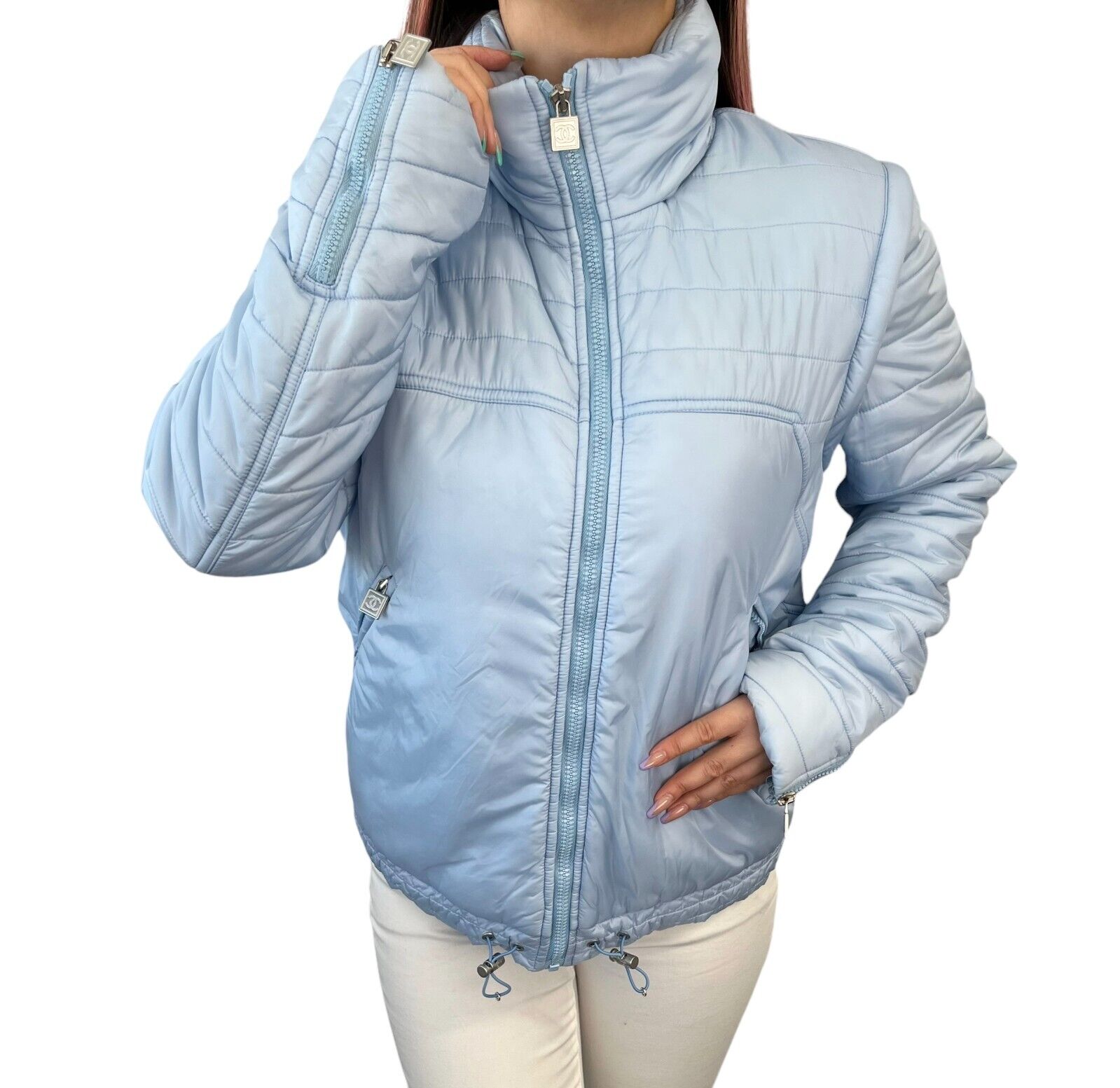 CHANEL Sport Vintage 05A Coco Mark Logo Puffer Jacket #40 Light Blue