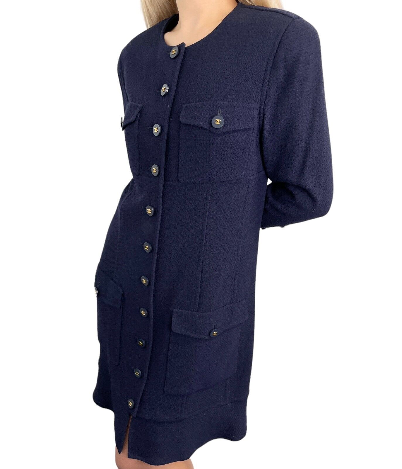 CHANEL Vintage 94A CC Logo Long Jacket #40 Coat Dress Dark Blue Wool