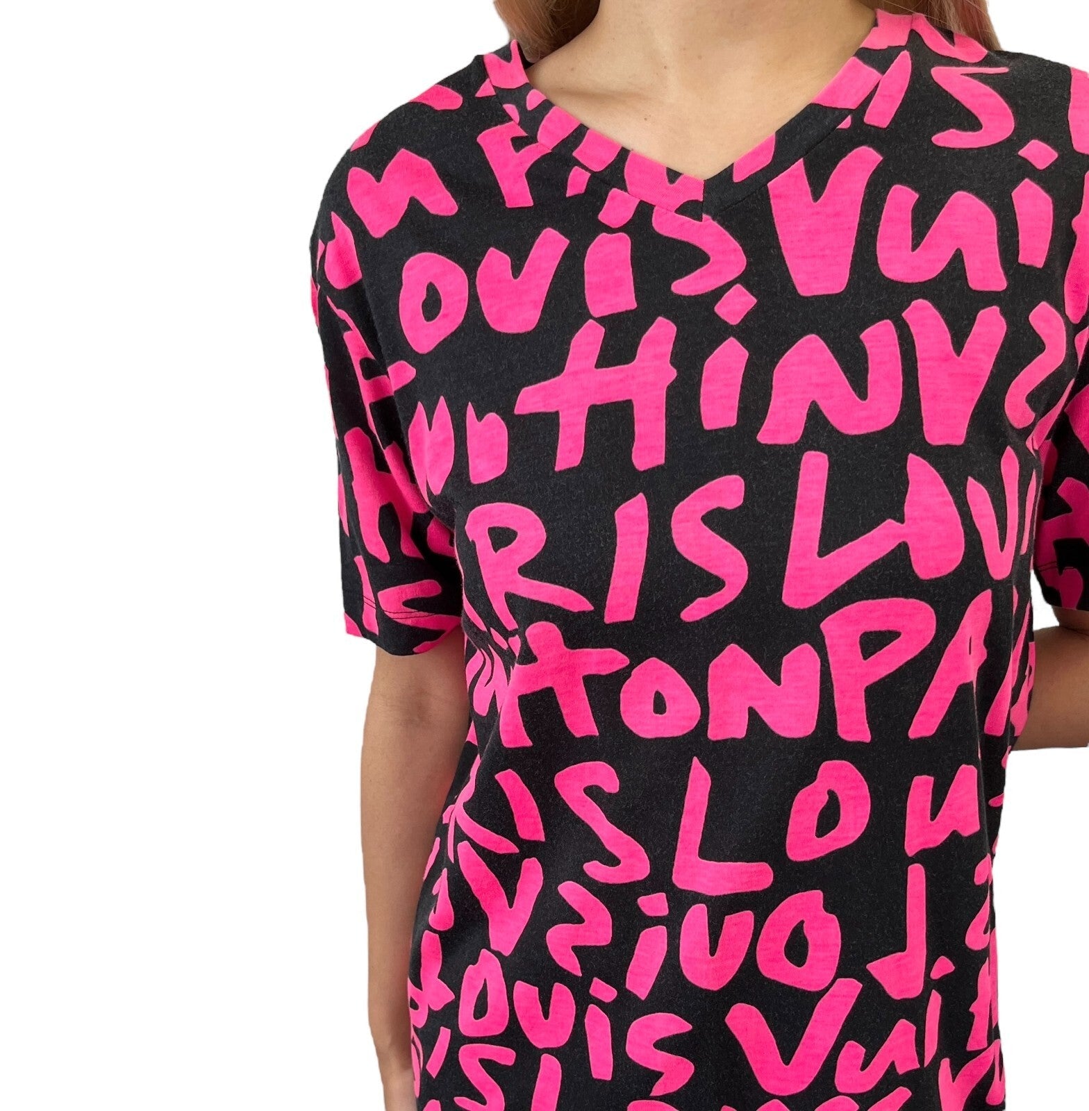 LOUIS VUITTON Vintage LV Logo Graffiti Print T-shirt Top #M Black Pink Cotton