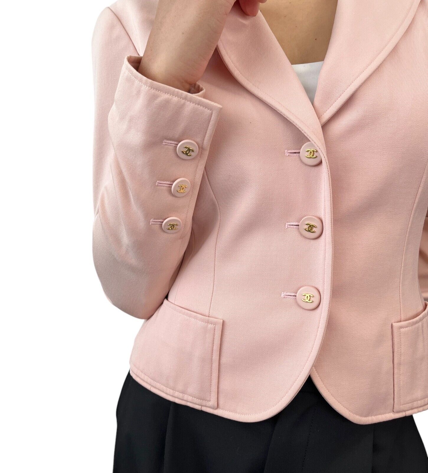 CHANEL Vintage 97P CC Logo Jacket #36 Cropped Button Pink Wool