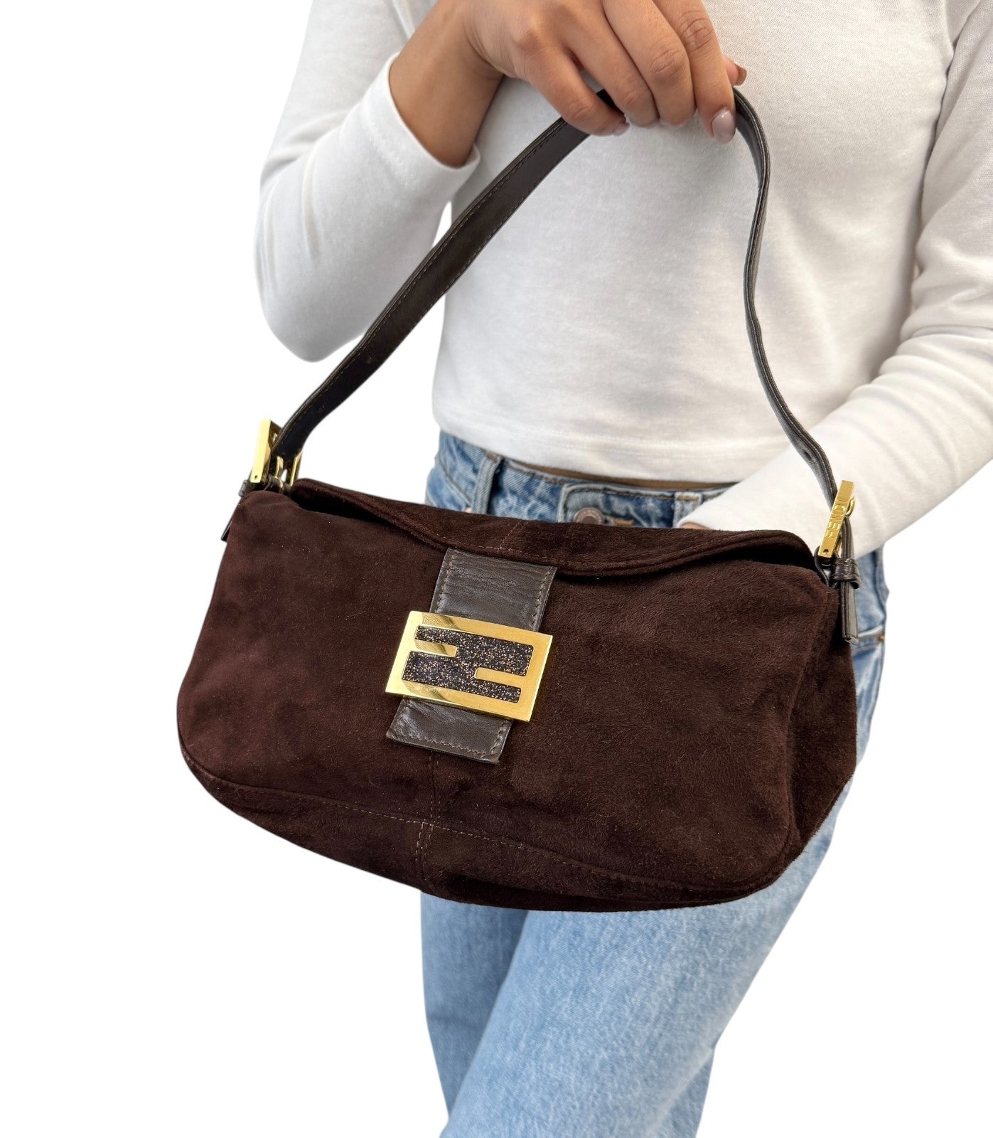 FENDI Vintage FF Logo Mamma Baguette Shoulder Bag Handbag Brown Gold Suede