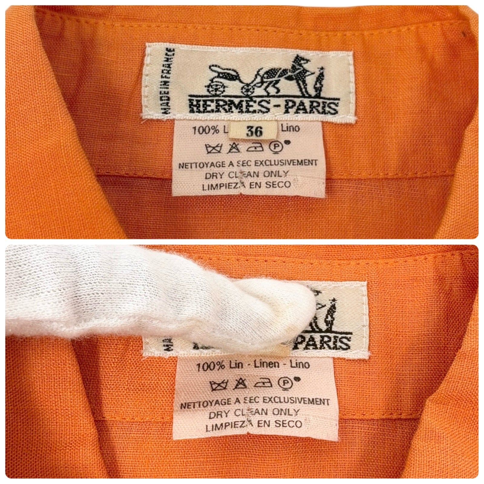 HERMES Vintage H Logo Horse Carriage Embroidery Shirt #36 Orange Linen Button