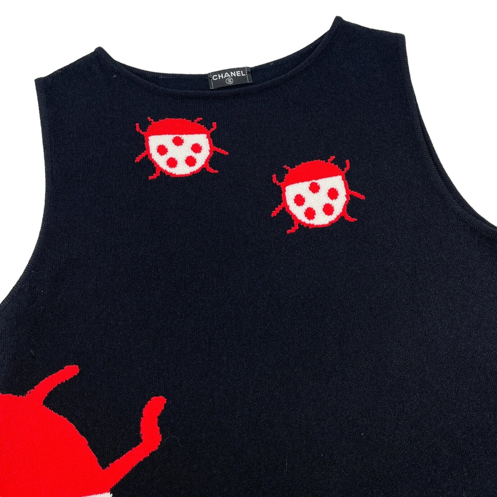 CHANEL Vintage 04P CC Mark Logo Ladybugs Knit Tank Top Black Red Cotton