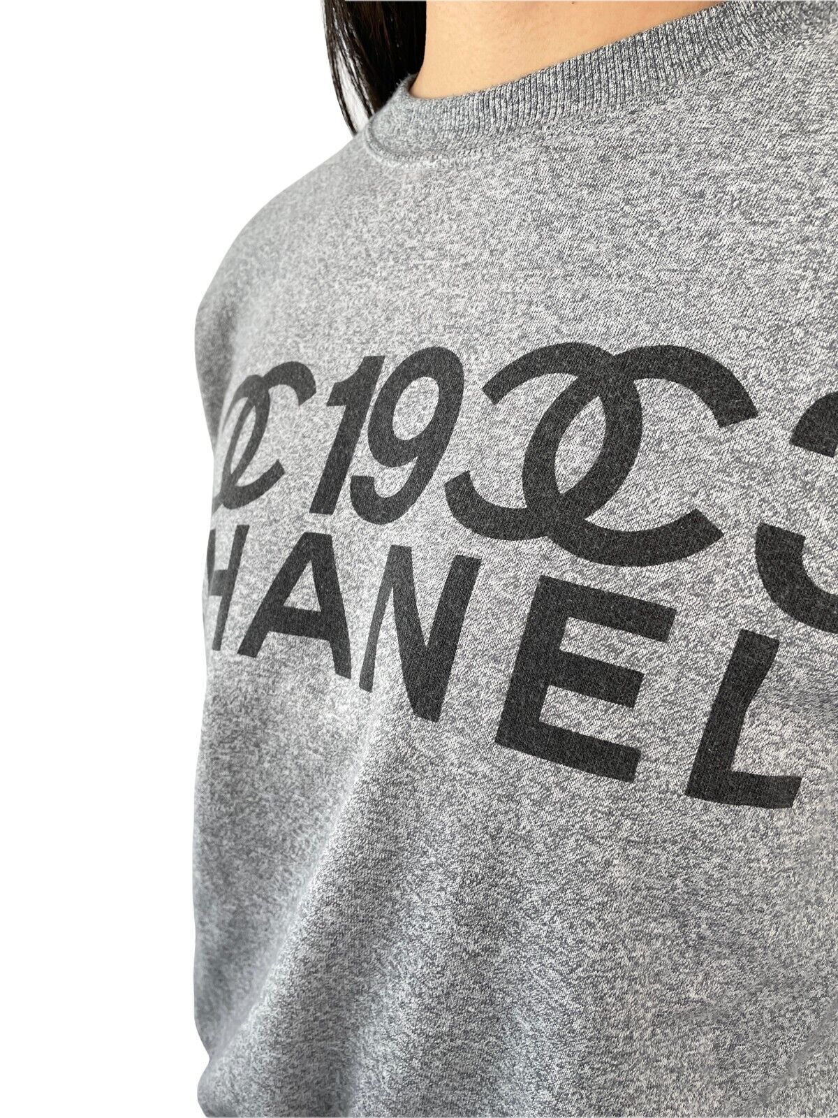 CHANEL Vintage 1990s CC Logo Sweatshirt Top Gray Black Long Sleeve