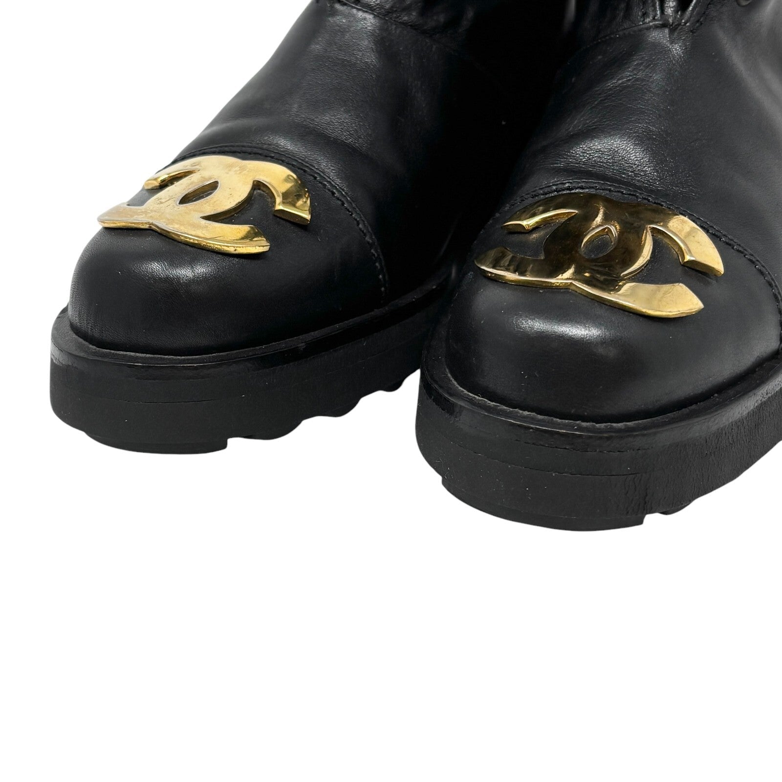 CHANEL Vintage CC Logo Lace-up Ankle Boots #36.5 Short Boots Black Gold Leather