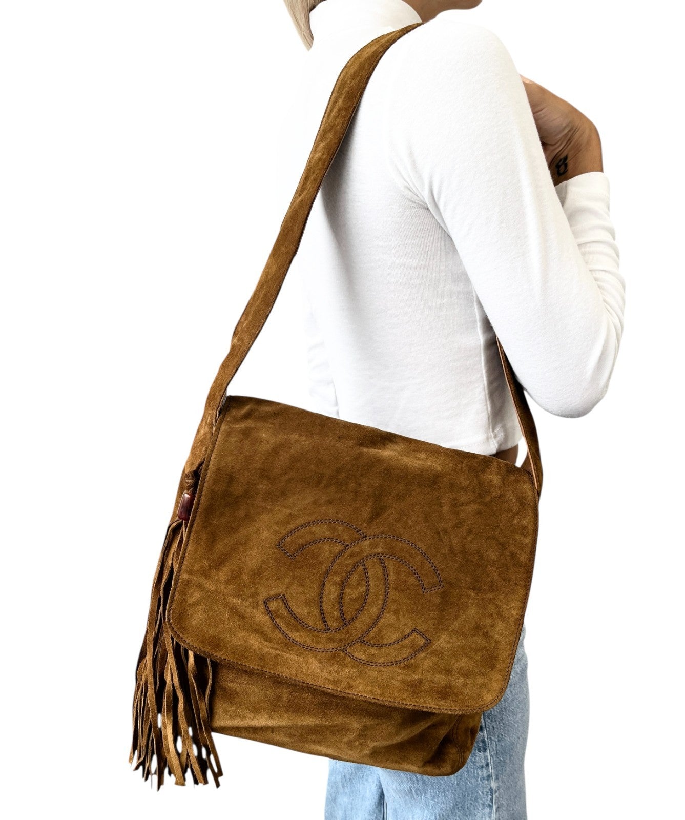 CHANEL Vintage CC Mark Logo Crossbody Shoulder Bag 2way Bag Fringe Brown Suede