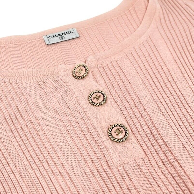 CHANEL Vintage 07P CC Mark Logo Rib Knit Top #S Pink Gold Cotton Button
