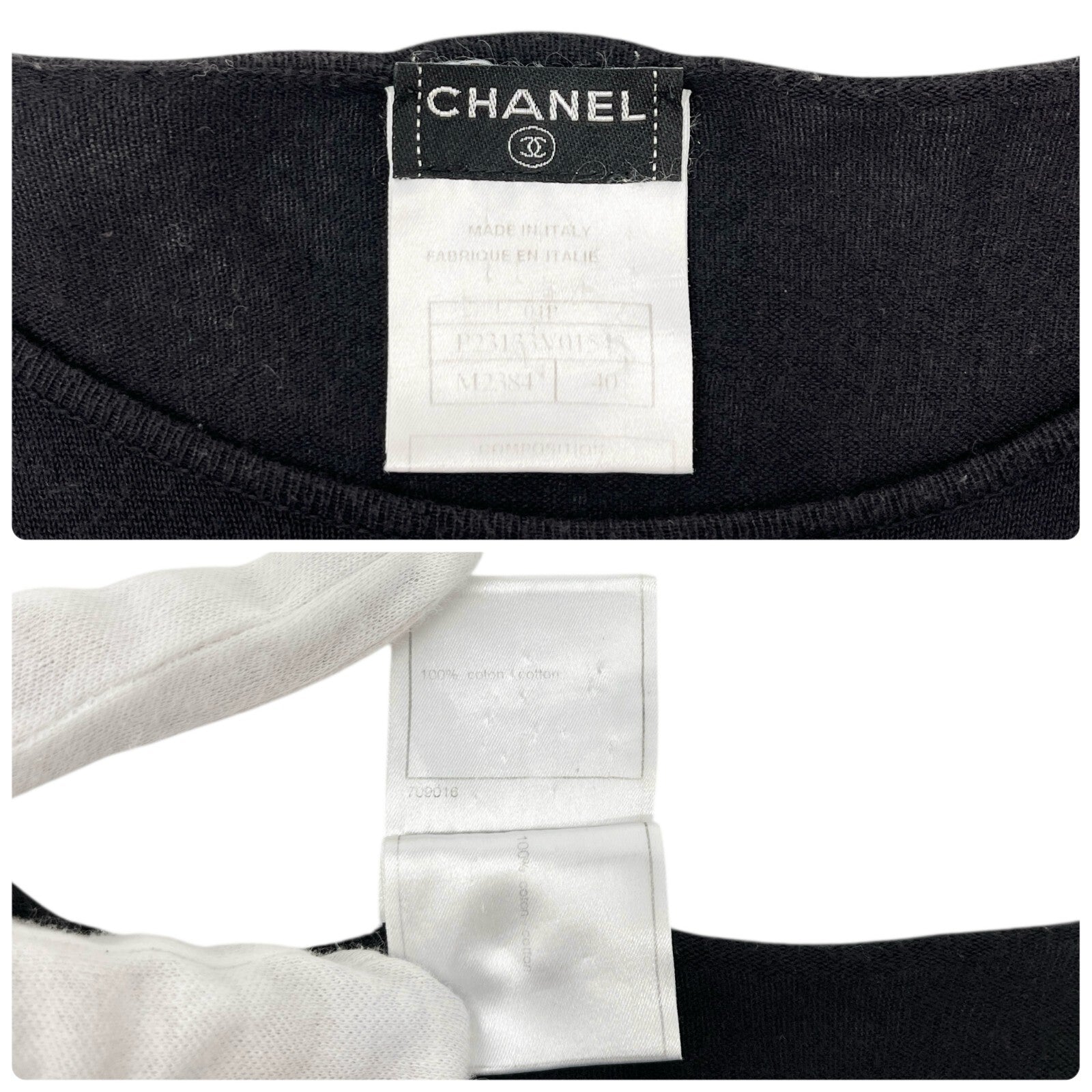 CHANEL Vintage 04P Logo Knit T-shirt Top #40 Round Neck Black White Cotton