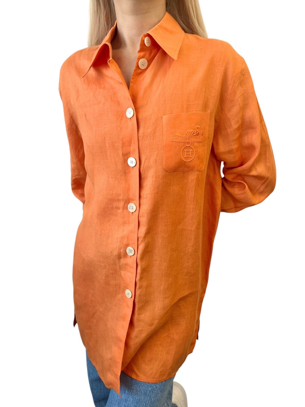 HERMES Vintage H Logo Horse Carriage Embroidery Shirt #36 Orange Linen Button