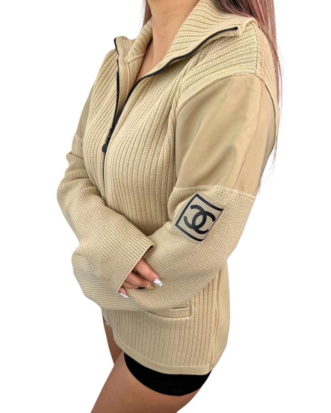 CHANEL Sport Vintage 02A CC Mark Logo Zipped Knit Jacket #46 Beige Wool