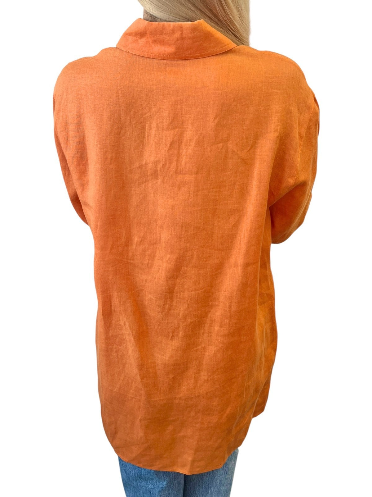 HERMES Vintage H Logo Horse Carriage Embroidery Shirt #36 Orange Linen Button